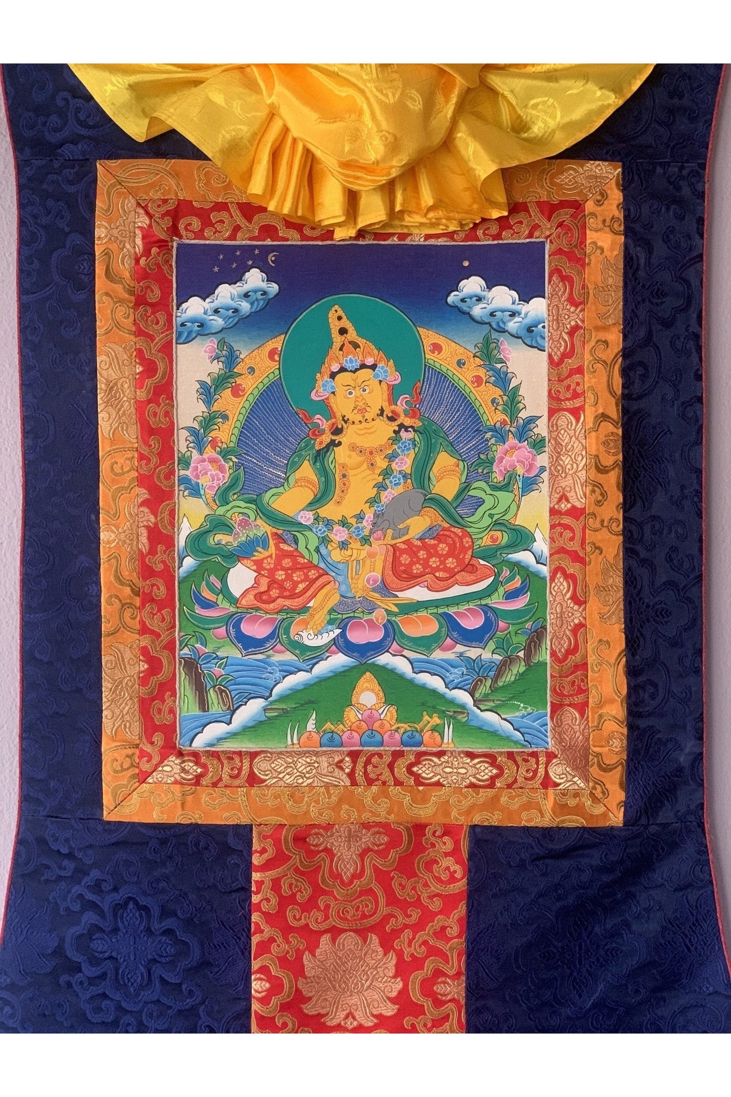 Jambala/ Jambhala/ Dzambala/ Zambala/ Kuber - Wealth Deity Tibetan Thangka Painting/ Original Hand - painted Art with Silk Frame - Tibetan Thangka Art