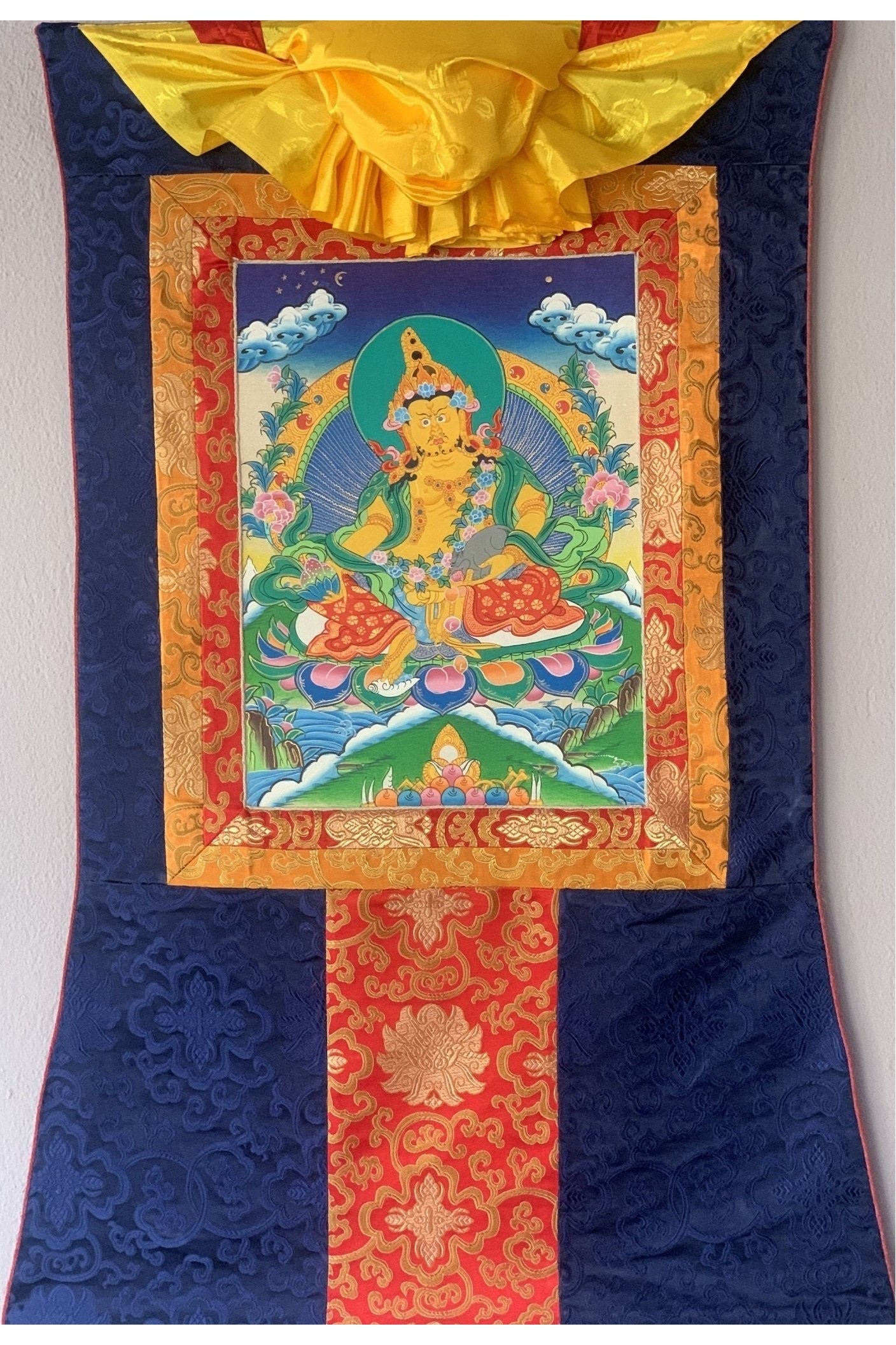 Jambala/ Jambhala/ Dzambala/ Zambala/ Kuber - Wealth Deity Tibetan Thangka Painting/ Original Hand - painted Art with Silk Frame - Tibetan Thangka Art