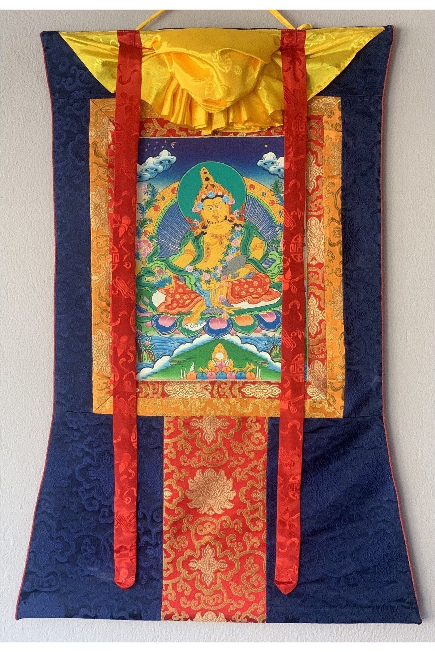 Jambala/ Jambhala/ Dzambala/ Zambala/ Kuber - Wealth Deity Tibetan Thangka Painting/ Original Hand - painted Art with Silk Frame - Tibetan Thangka Art