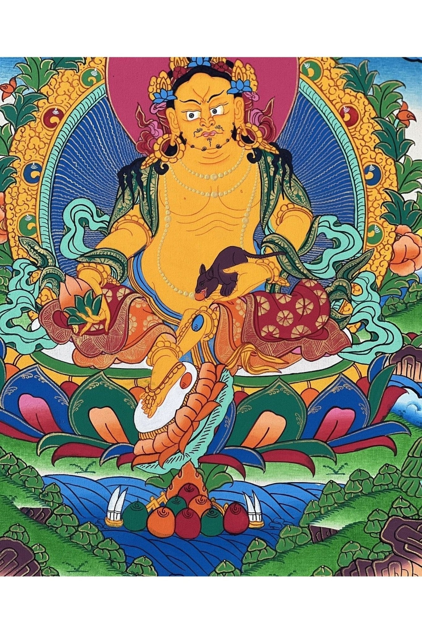 Jambhala/ Dzambala/ Zambala/ Kuber God of Wealth Tibetan Thangka Painting Original Masterpiece Buddhist Art - Tibetan Thangka Art