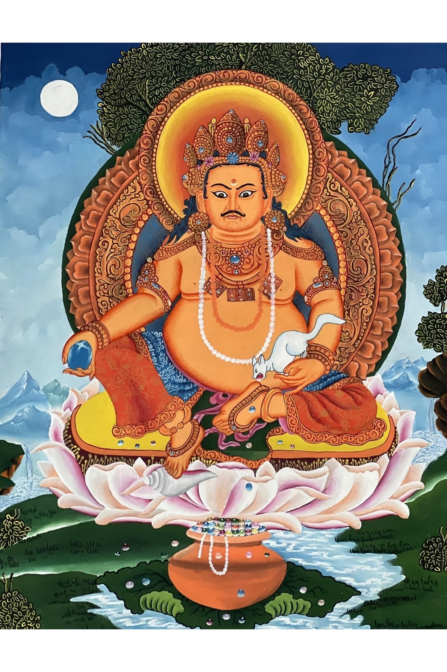 Jambhala/ Dzambhala/ Dzambala/ Zambala /Jambala/ Kubera God of Wealth Original Masterpiece Newari Paubha Art/ Thangka Painting - Tibetan Thangka Art