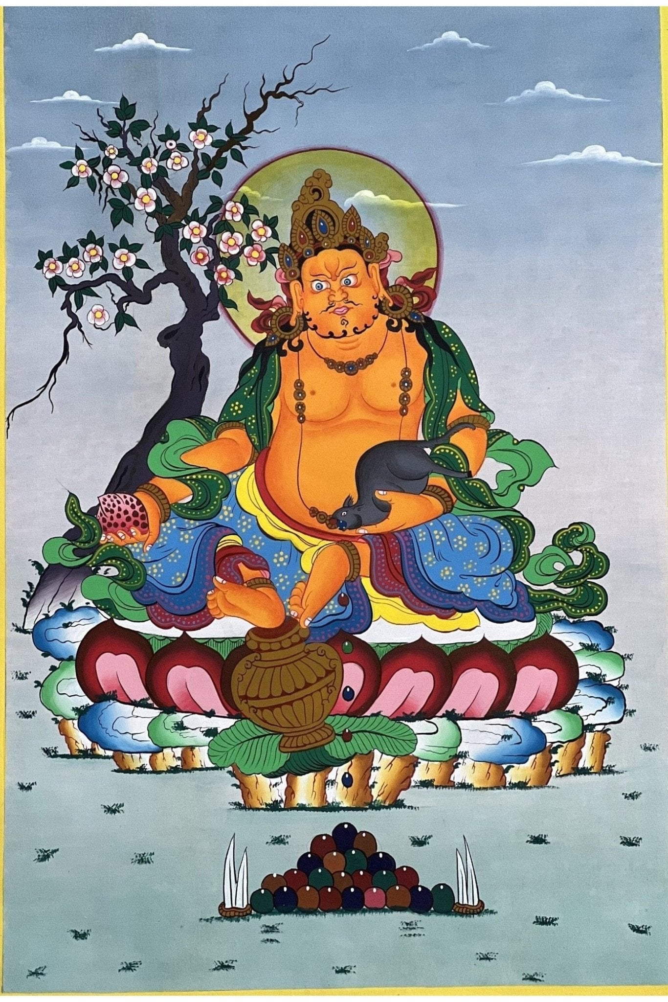 Jambhala/ Dzambhala/ Dzambala/ Zambala /Jambala/ Kubera God of Wealth Original Masterpiece Newari Paubha Style Tibetan Thangka Painting - Tibetan Thangka Art