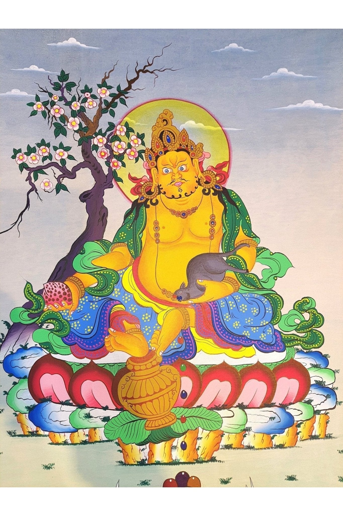 Jambhala/ Dzambhala/ Dzambala/ Zambala /Jambala/ Kubera God of Wealth Original Masterpiece Newari Paubha Style Tibetan Thangka Painting - Tibetan Thangka Art