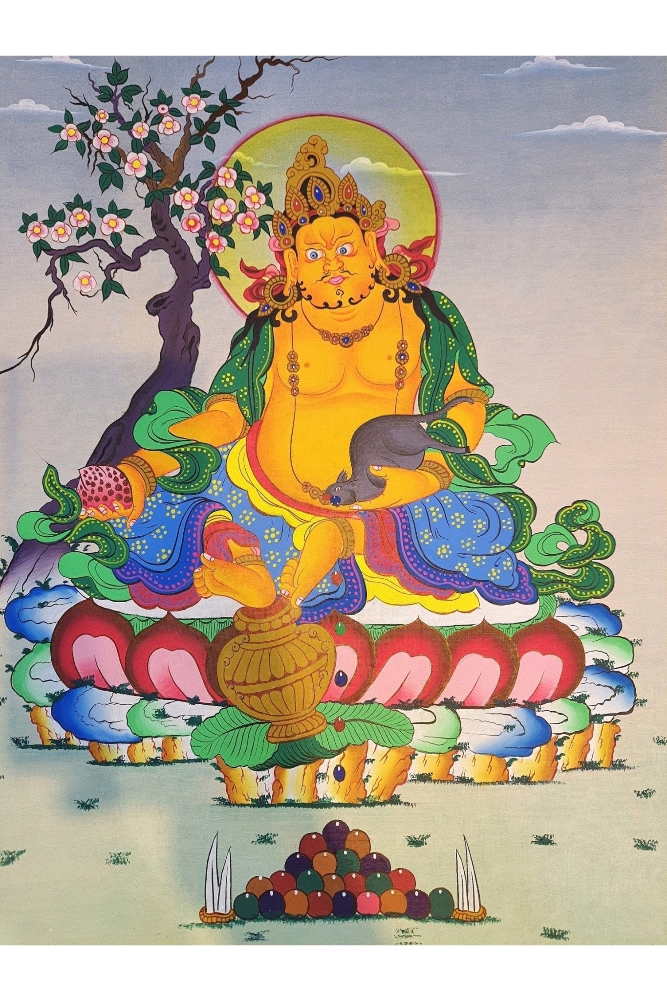 Jambhala/ Dzambhala/ Dzambala/ Zambala /Jambala/ Kubera God of Wealth Original Masterpiece Newari Paubha Style Tibetan Thangka Painting - Tibetan Thangka Art