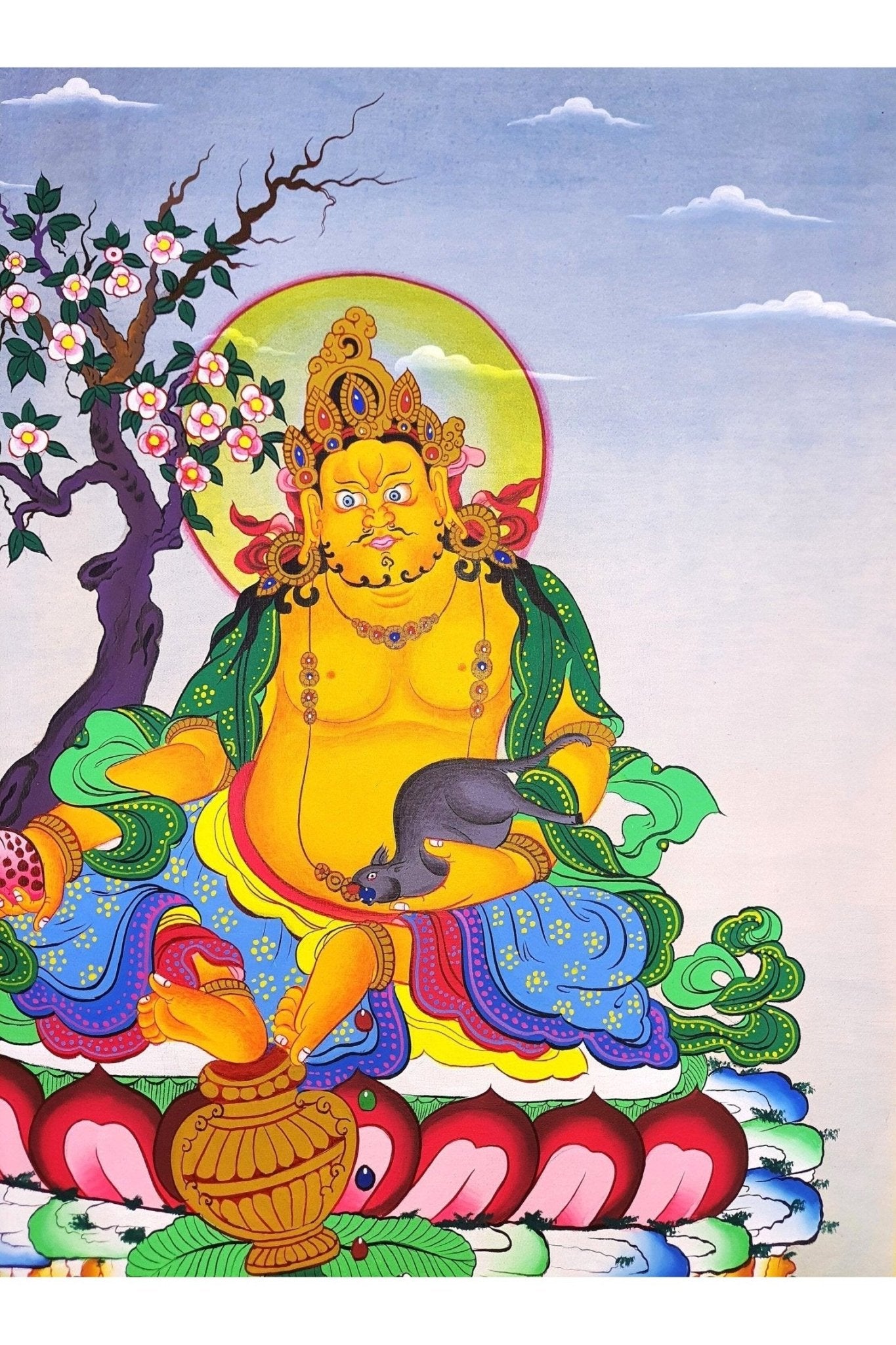 Jambhala/ Dzambhala/ Dzambala/ Zambala /Jambala/ Kubera God of Wealth Original Masterpiece Newari Paubha Style Tibetan Thangka Painting - Tibetan Thangka Art