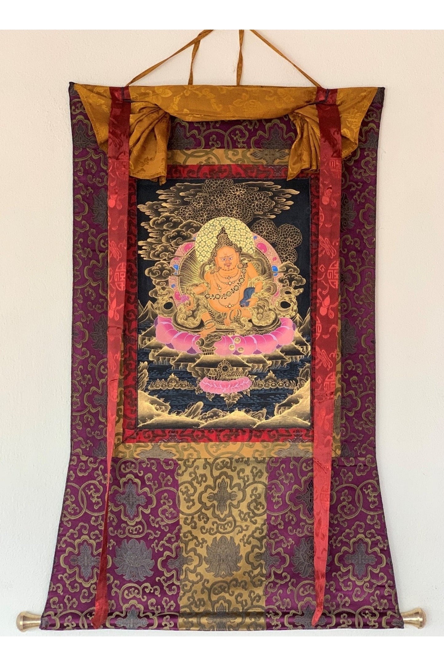 Jambhala/Dzambhala/Zambala/ Kuber God of Wealth Master Quality Tibetan Thangka Painting Original Art with Silk Brocade - Tibetan Thangka Art