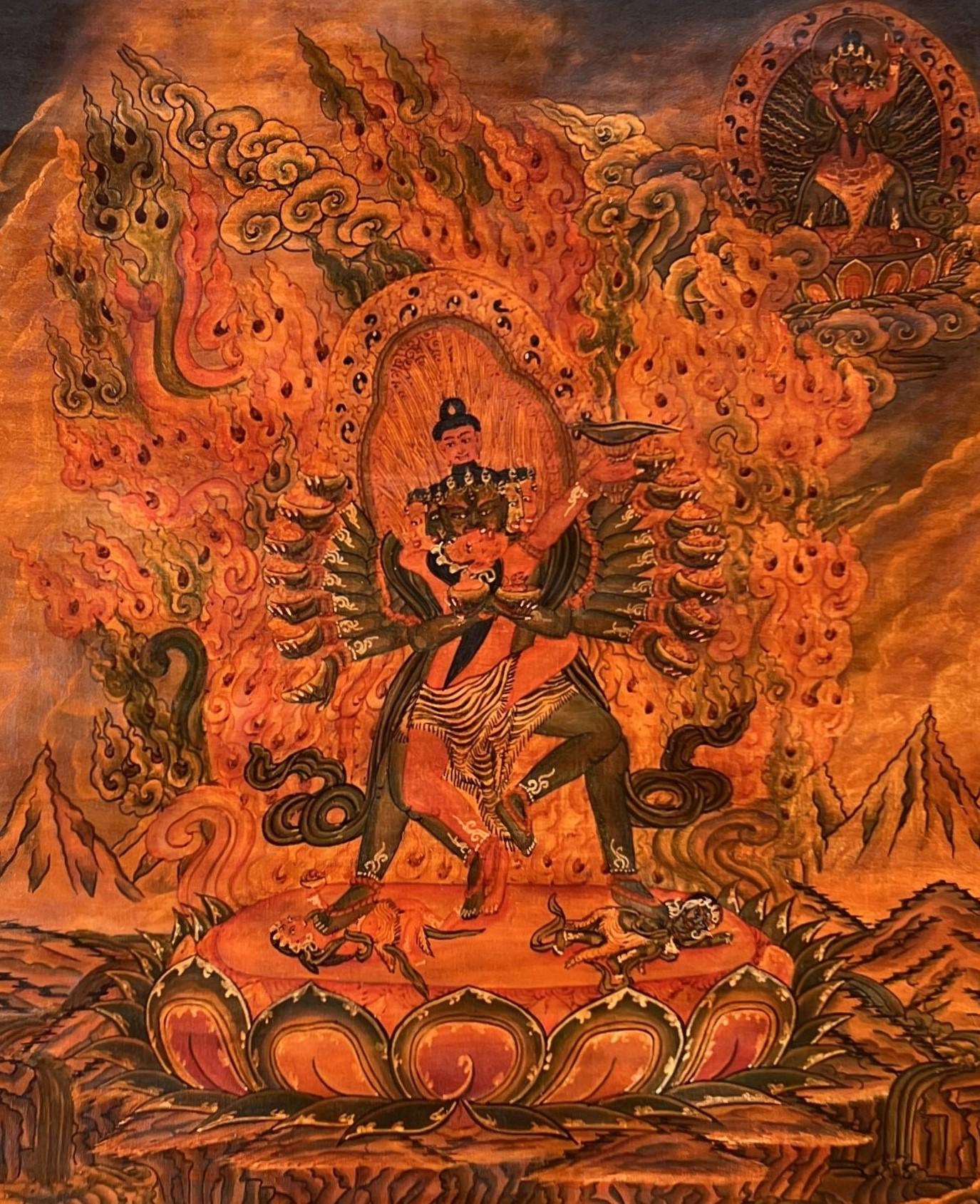 Kalachakra Deity with consort Kalacakri/Visvamata Old Oil - Varnished Original Masterpiece Newari Pauva Thangka Painting/ Kalacakra Tantra Art - Tibetan Thangka Art