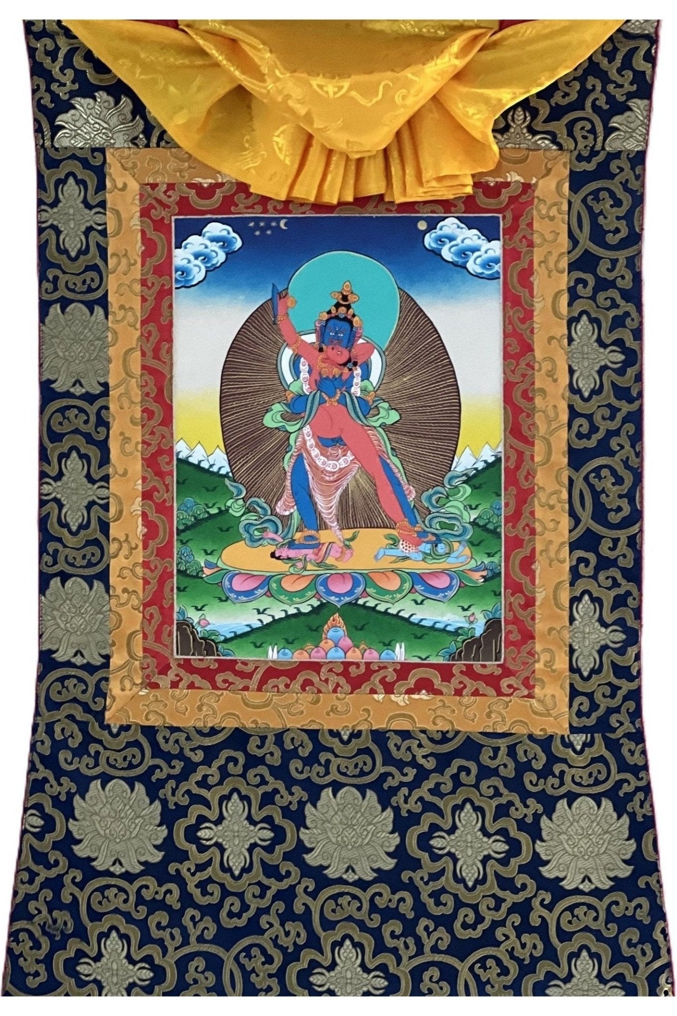 Kalachakra Deity with Visvamata in Yab - Yum (Divine Union) Original Hand - Painted Tibetan Thangka Painting Framed with Silk Brocade - Tibetan Thangka Art