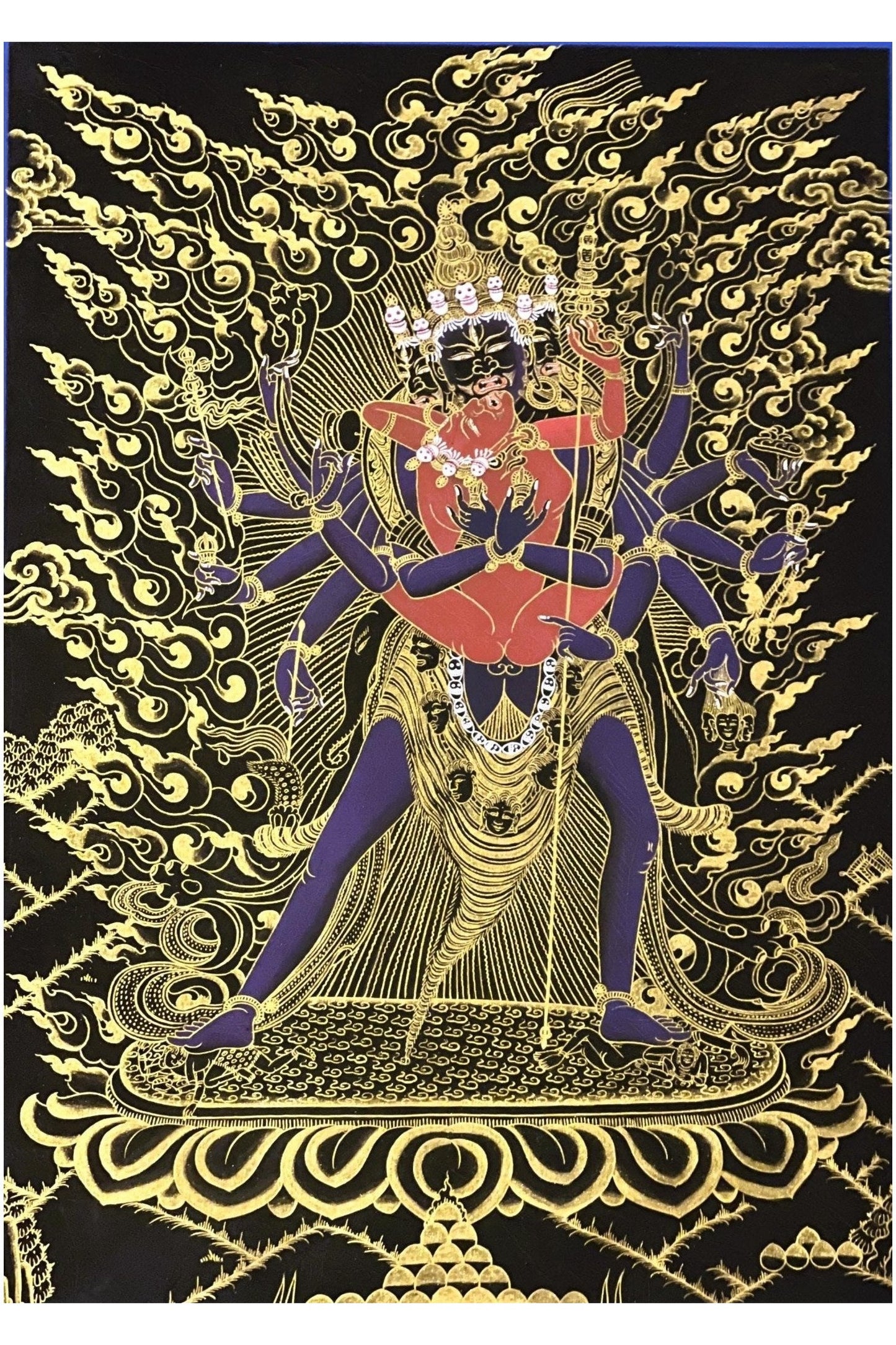 Kalachakra Deity with Visvamata in Yab - Yum (Divine Union) Original Masterpiece Black and Gold Tibetan Thangka Painting - Tibetan Thangka Art