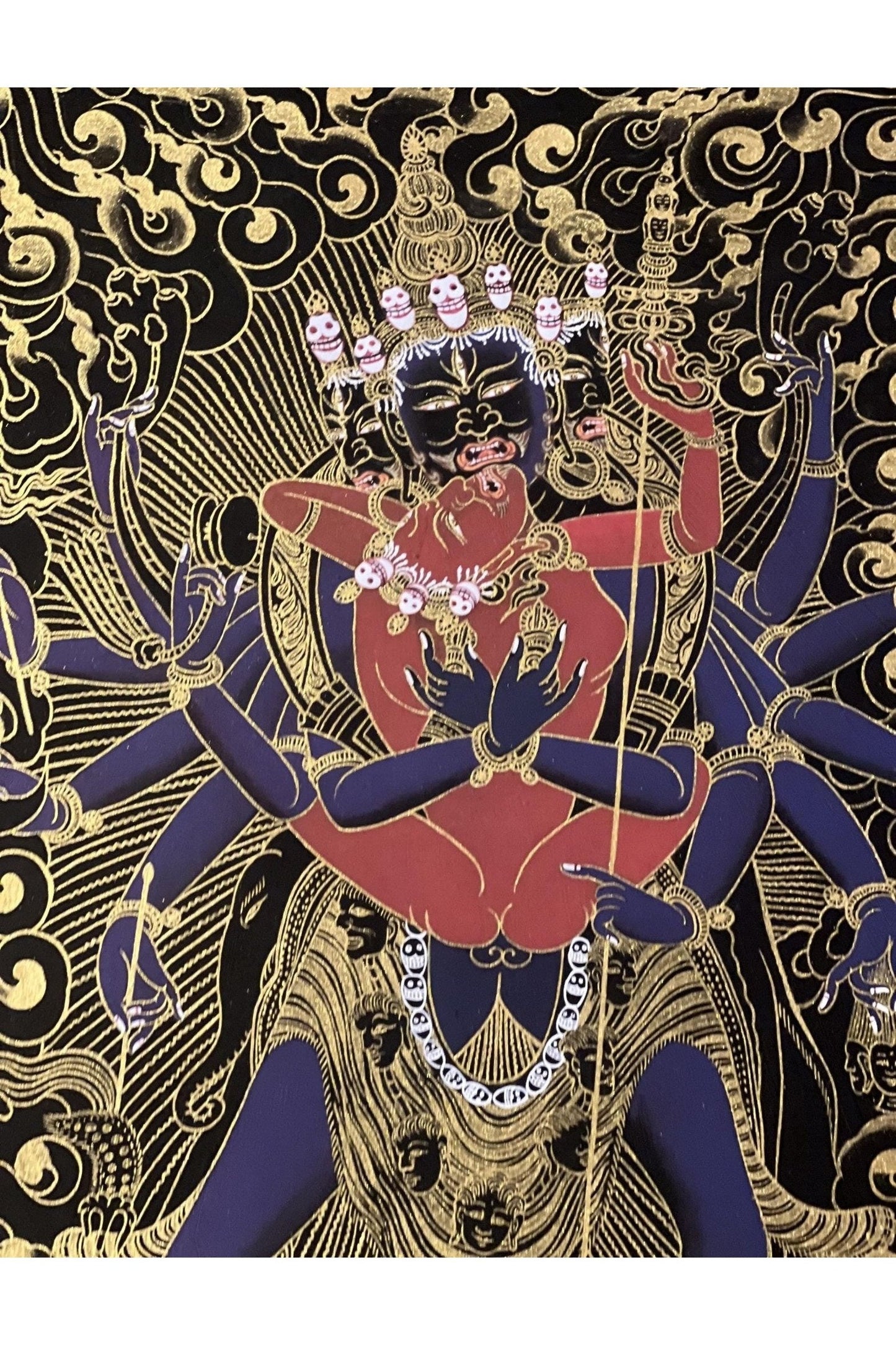 Kalachakra Deity with Visvamata in Yab - Yum (Divine Union) Original Masterpiece Black and Gold Tibetan Thangka Painting - Tibetan Thangka Art