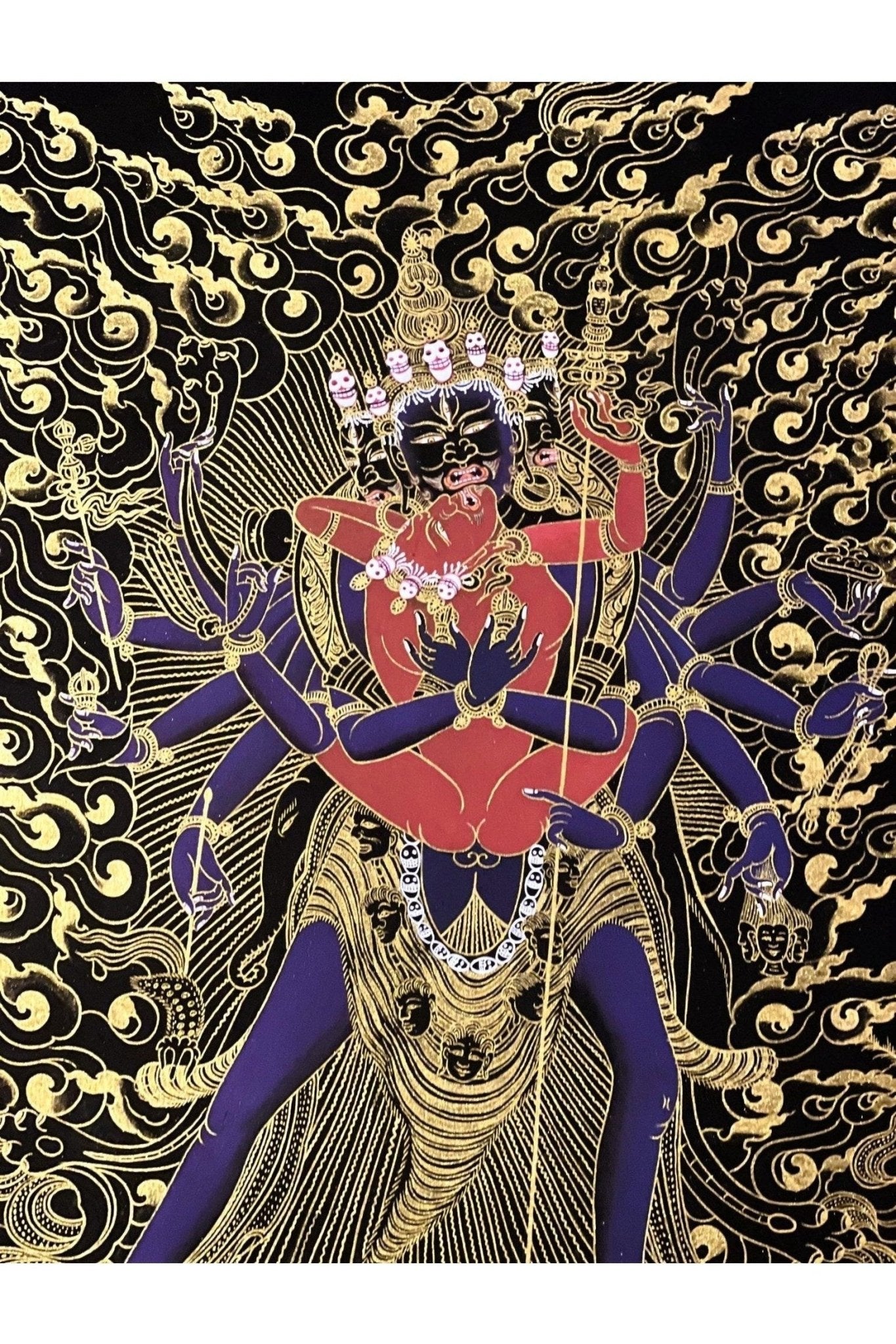 Kalachakra Deity with Visvamata in Yab - Yum (Divine Union) Original Masterpiece Black and Gold Tibetan Thangka Painting - Tibetan Thangka Art