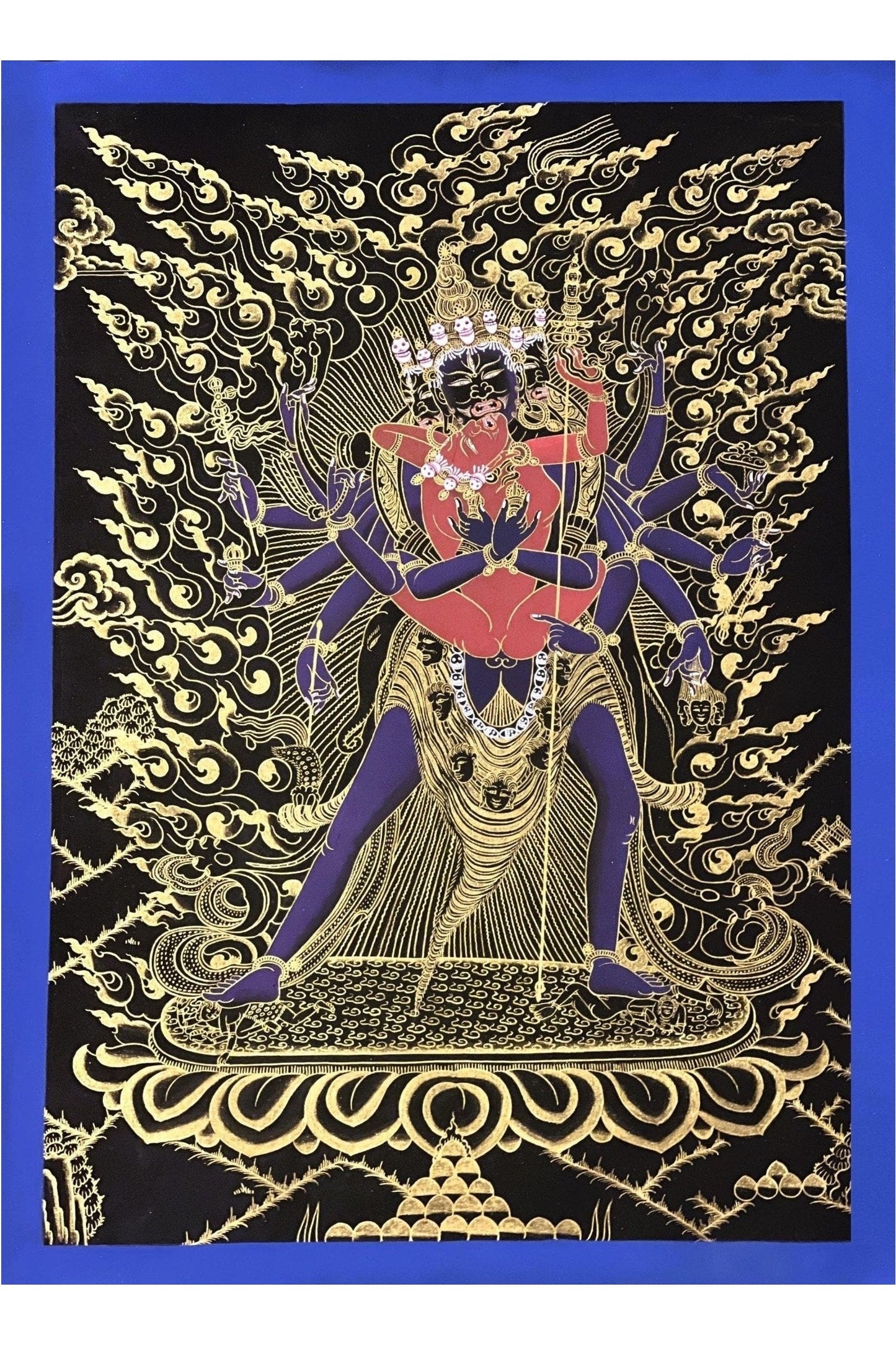 Kalachakra Deity with Visvamata in Yab - Yum (Divine Union) Original Masterpiece Black and Gold Tibetan Thangka Painting - Tibetan Thangka Art