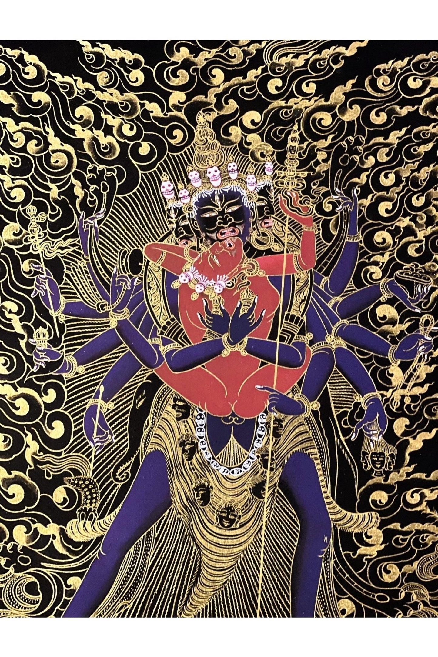 Kalachakra Deity with Visvamata in Yab - Yum (Divine Union) Original Masterpiece Black and Gold Tibetan Thangka Painting - Tibetan Thangka Art