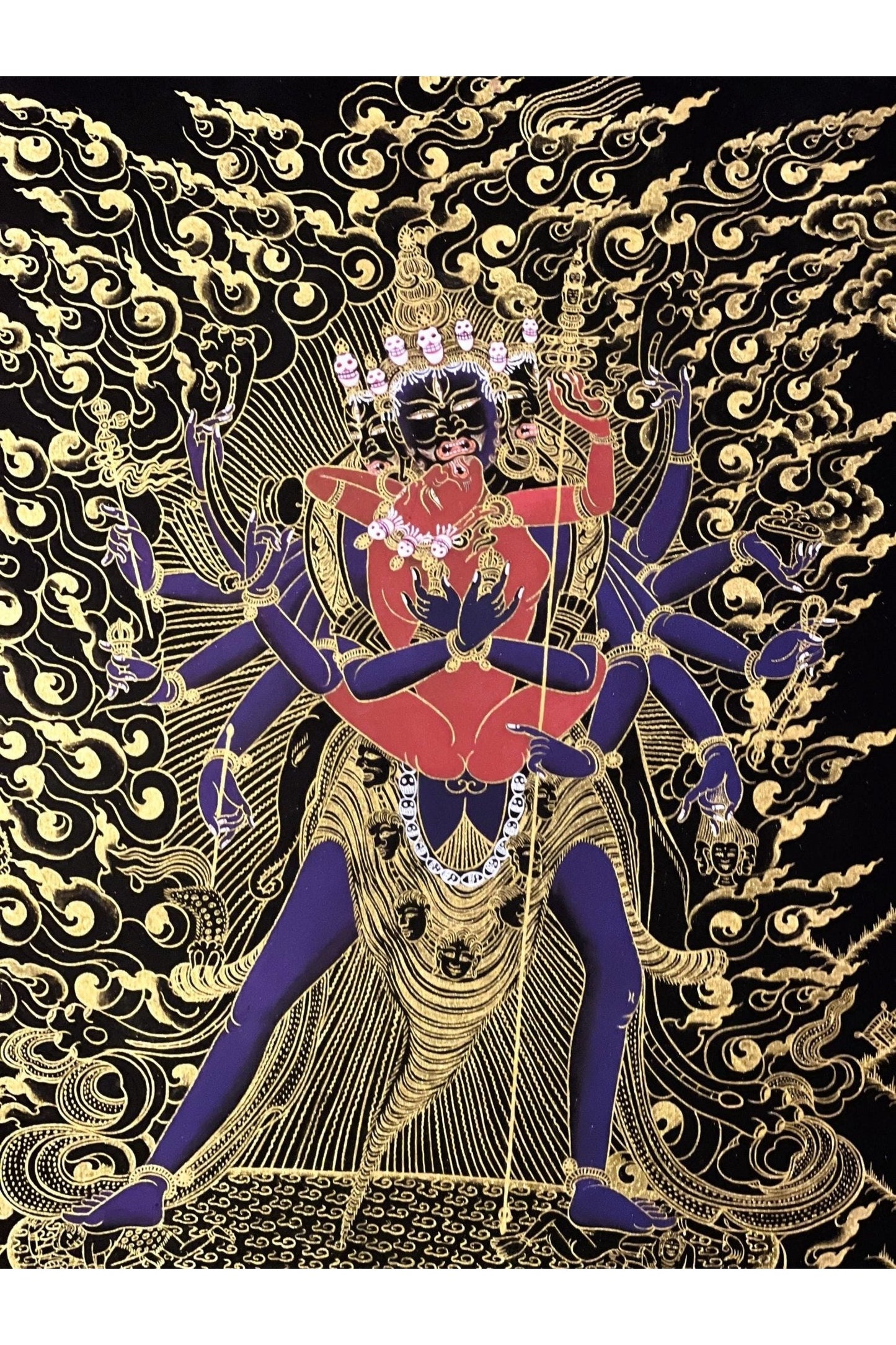 Kalachakra Deity with Visvamata in Yab - Yum (Divine Union) Original Masterpiece Black and Gold Tibetan Thangka Painting - Tibetan Thangka Art