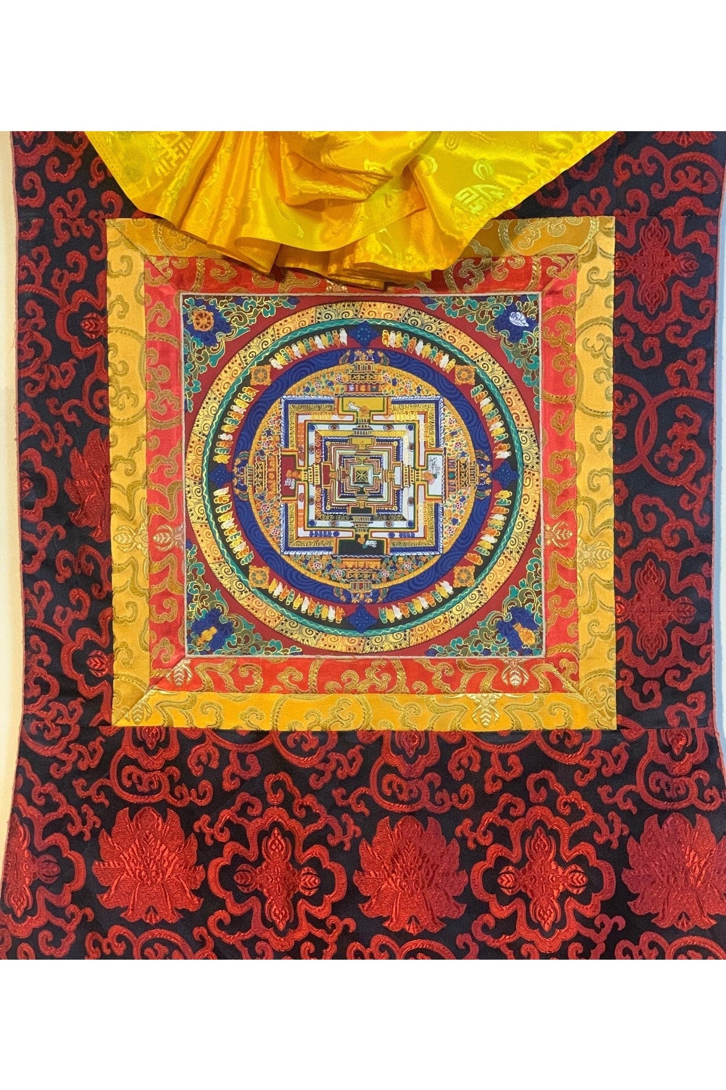 Kalachakra Mandala, Wheel of Life Tibetan Thangka Painting, Original Buddhist Meditation Art with Silk Brocade - Tibetan Thangka Art