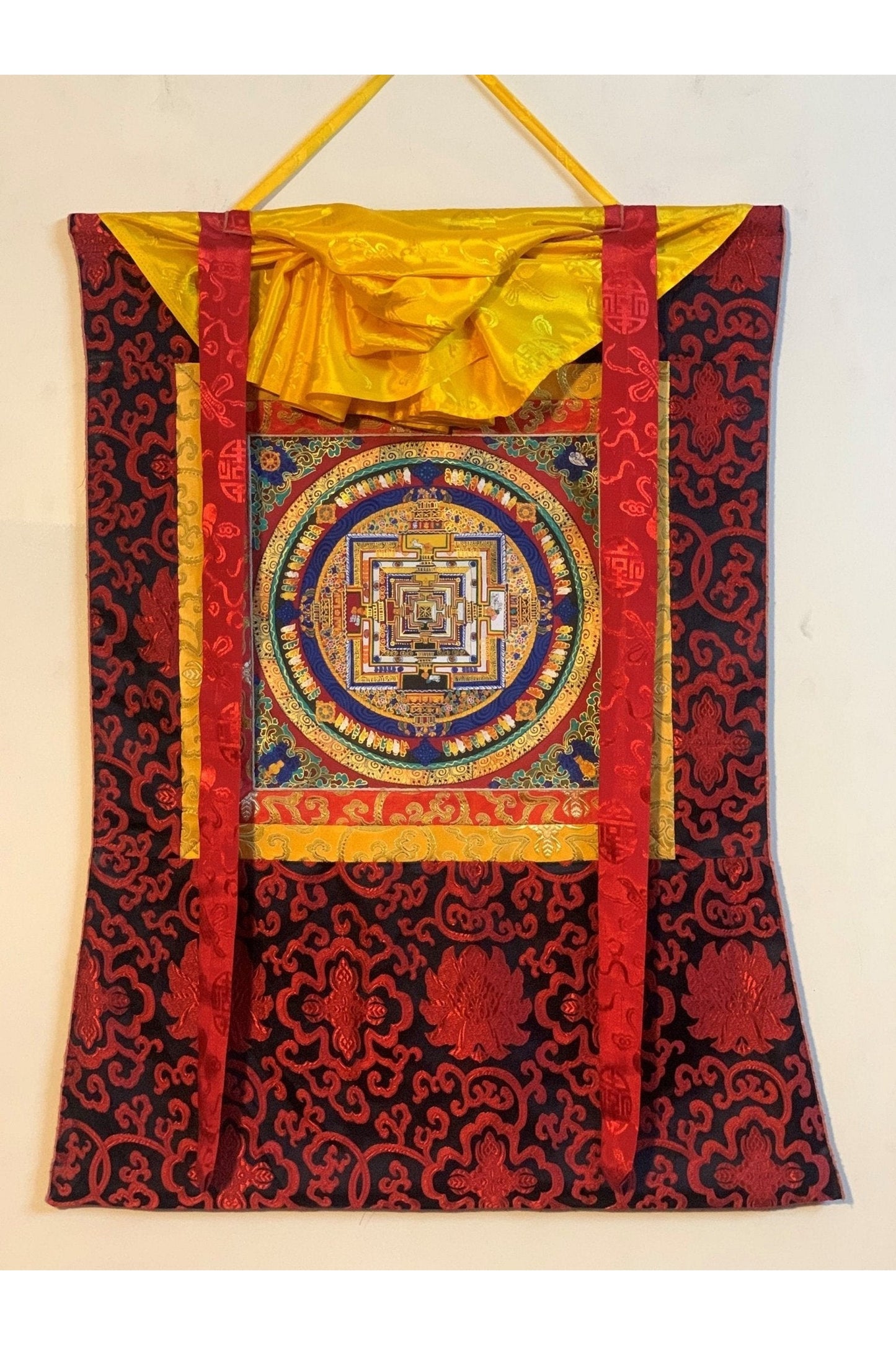 Kalachakra Mandala, Wheel of Life Tibetan Thangka Painting, Original Buddhist Meditation Art with Silk Brocade - Tibetan Thangka Art