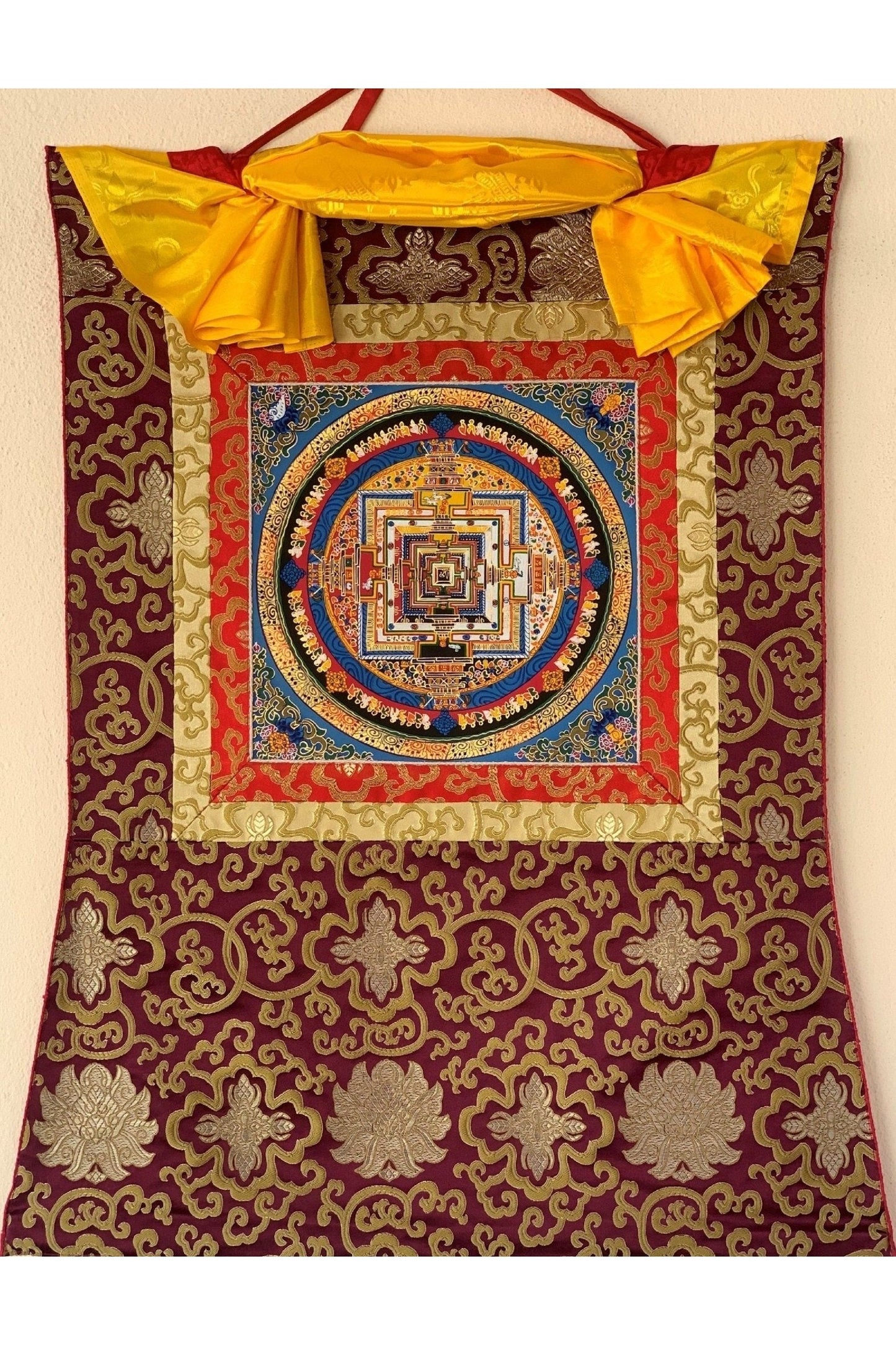 Kalachakra Mandala, Wheel of Life Tibetan Thangka Painting, Original Buddhist Meditation Art with Silk Brocade - Tibetan Thangka Art