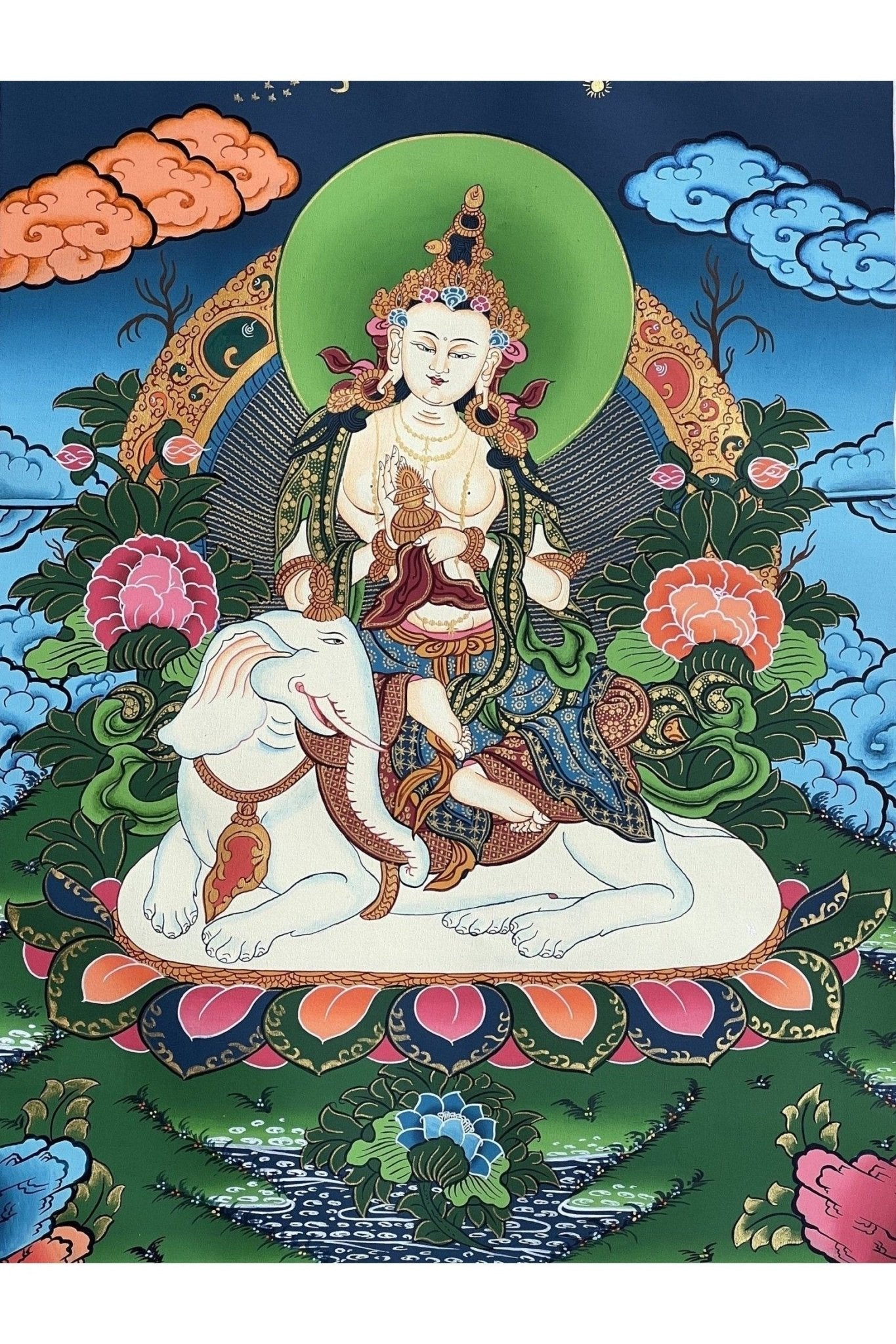 Kindness Buddha/ Bodhisattva PU Xian Sitting on Elephant Fine Quality Tibetan Thangka Painting Original Art/Hand Painting - Tibetan Thangka Art