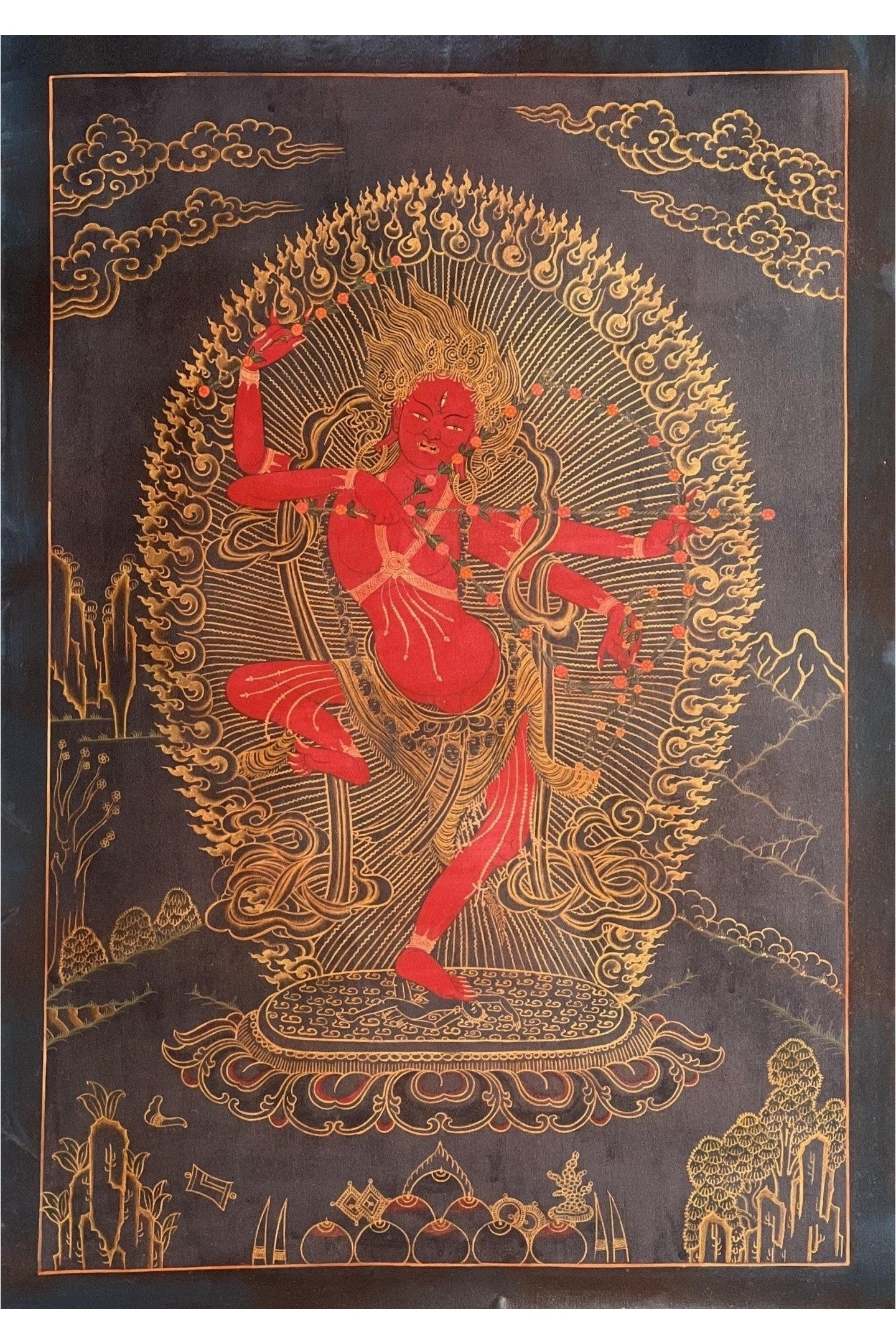 Kurukulla/ Kurukulle/ Mother Buddha Oil - Varnished Masterpiece Black and Gold Tibetan Thangka Painting/ Original Hand - Painting/ Tantra Art - Tibetan Thangka Art