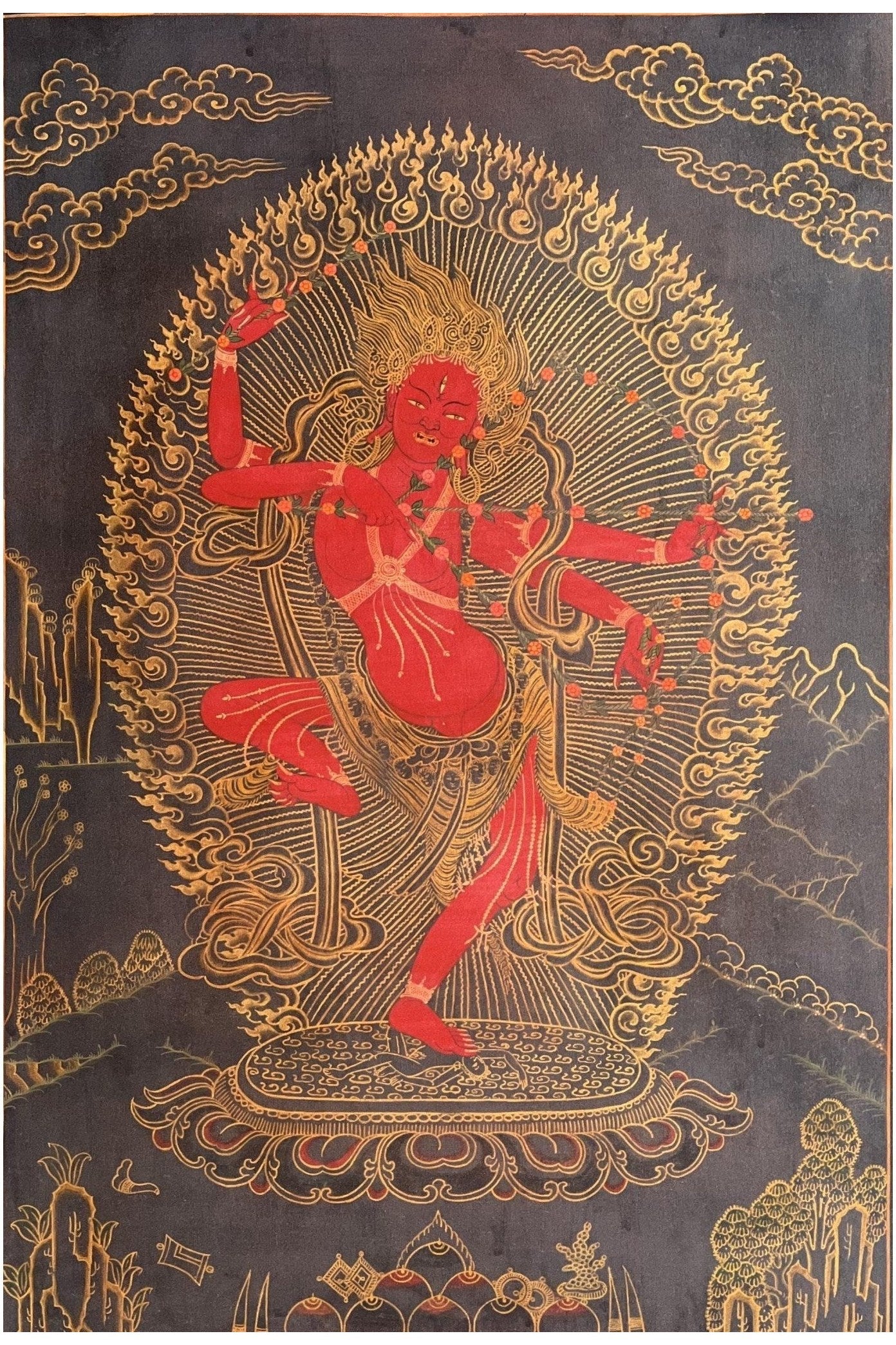 Kurukulla/ Kurukulle/ Mother Buddha Oil - Varnished Masterpiece Black and Gold Tibetan Thangka Painting/ Original Hand - Painting/ Tantra Art - Tibetan Thangka Art