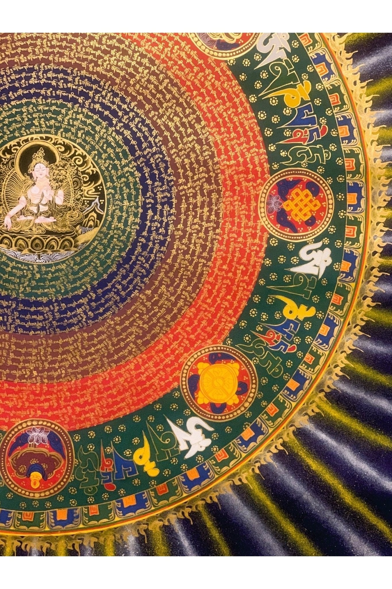 Large ( 1 x 1 Meter) White Tara Om Mantra Mandala Tibetan Thangka Painting, Original Hand - Painted Art for Meditation, Healing, Home Decor - Tibetan Thangka Art