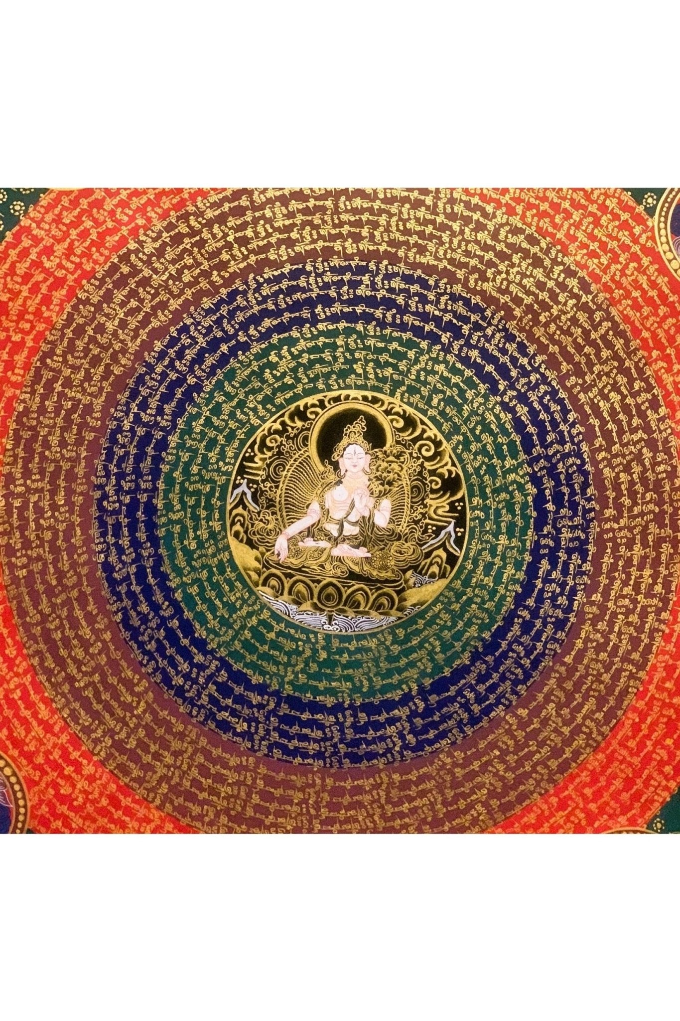 Large ( 1 x 1 Meter) White Tara Om Mantra Mandala Tibetan Thangka Painting, Original Hand - Painted Art for Meditation, Healing, Home Decor - Tibetan Thangka Art