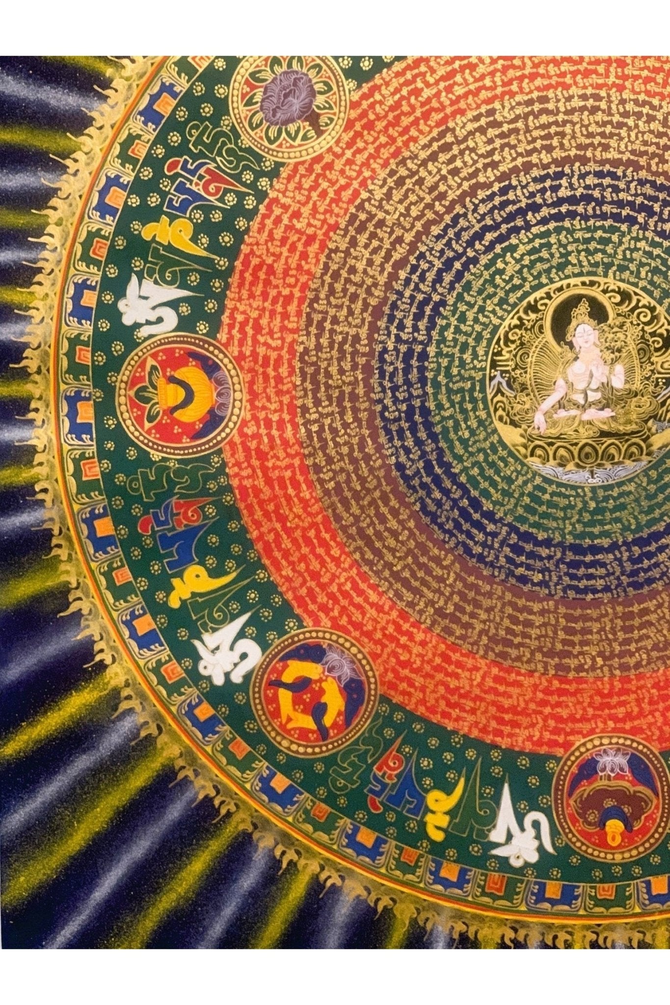 Large ( 1 x 1 Meter) White Tara Om Mantra Mandala Tibetan Thangka Painting, Original Hand - Painted Art for Meditation, Healing, Home Decor - Tibetan Thangka Art