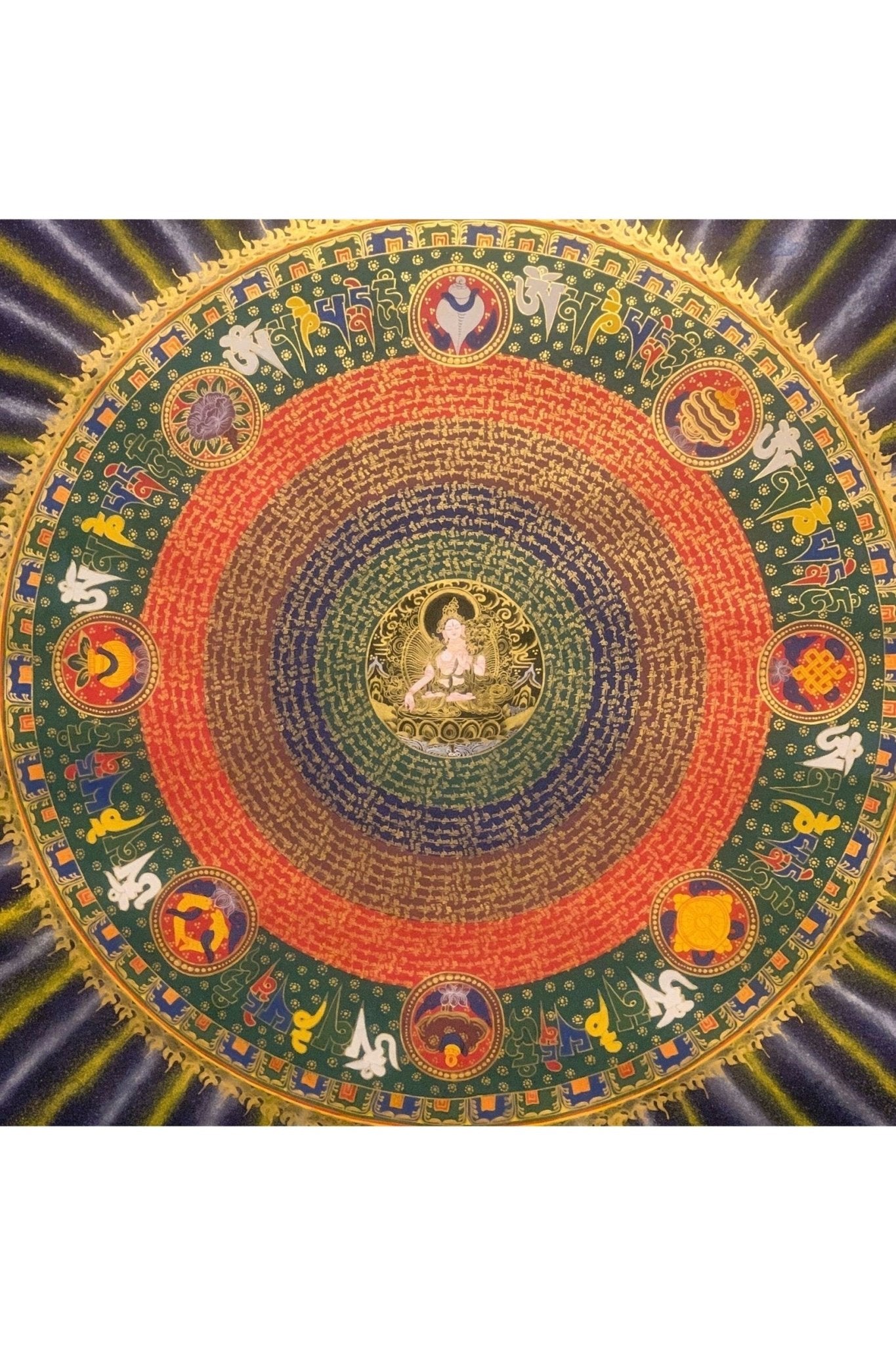 Large ( 1 x 1 Meter) White Tara Om Mantra Mandala Tibetan Thangka Painting, Original Hand - Painted Art for Meditation, Healing, Home Decor - Tibetan Thangka Art
