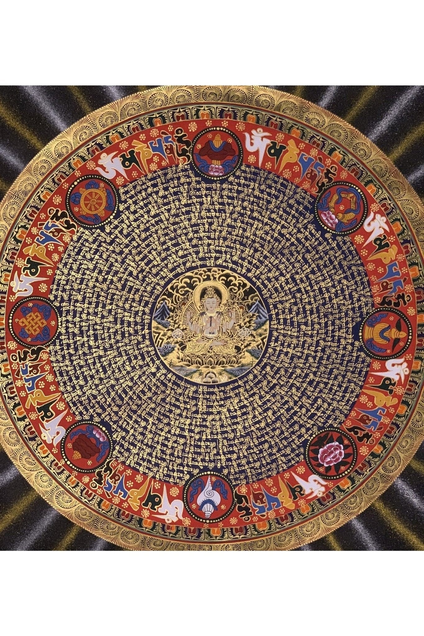 Large Chenrezig Mantra Mandala Tibetan Thangka Painting, Original Hand - Painted Art for Meditation, Healing, Home Décor - Tibetan Thangka Art