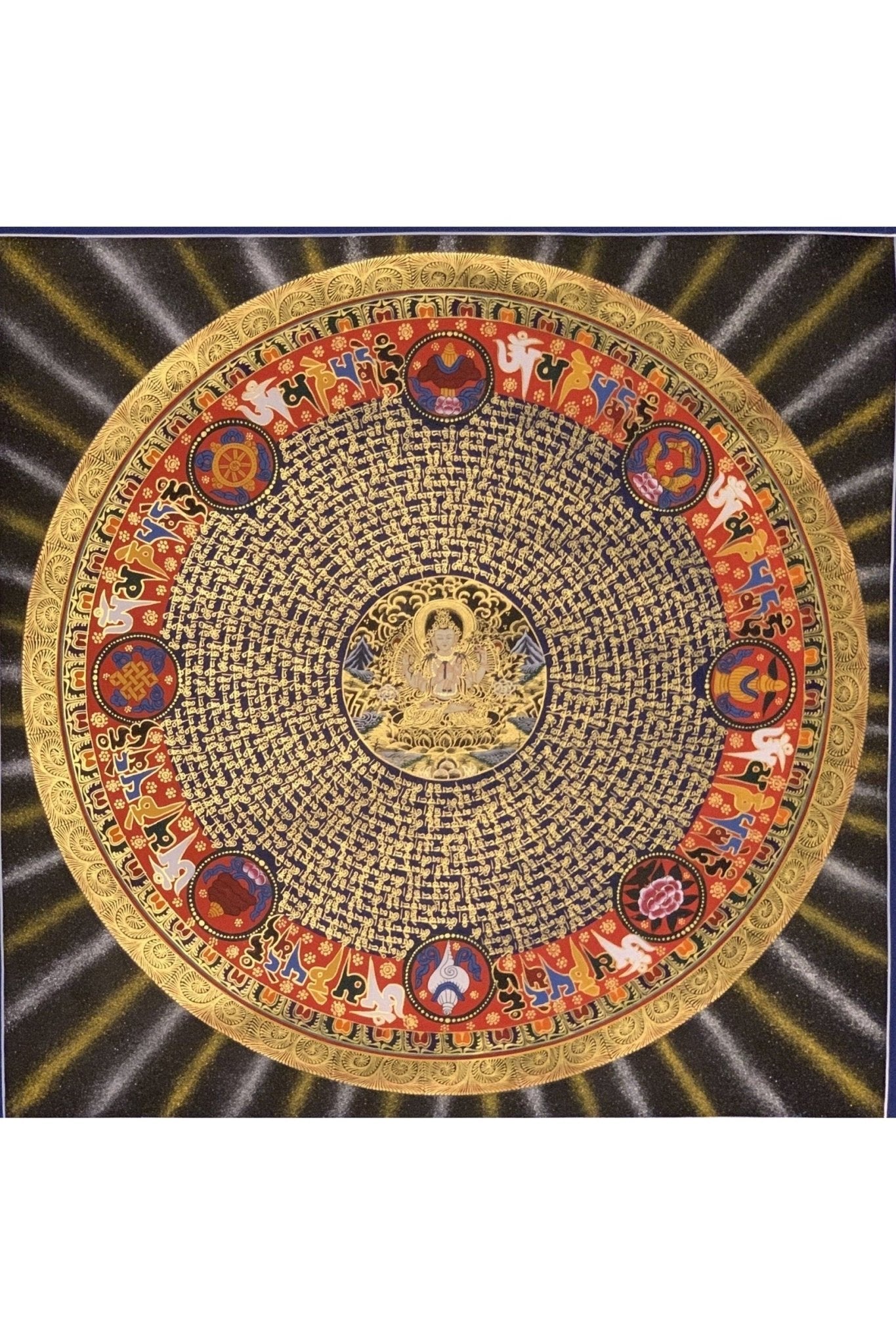 Large Chenrezig Mantra Mandala Tibetan Thangka Painting, Original Hand - Painted Art for Meditation, Healing, Home Décor - Tibetan Thangka Art