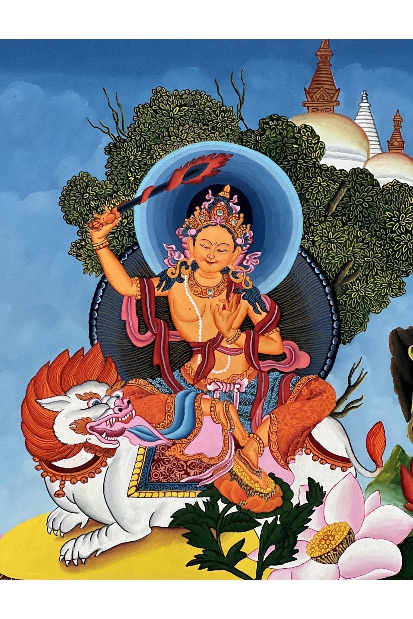 Lion Manjushri/ Manjusri/ Manjushree High - Quality Original Masterpiece Newari Pauva/Paubha Thangka Painting Meditation Art - Tibetan Thangka Art