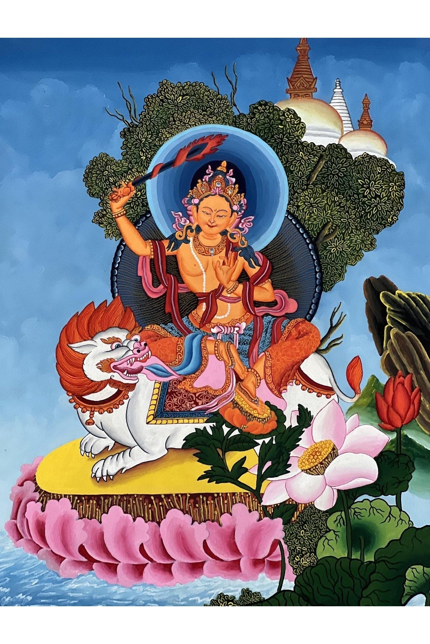Lion Manjushri/ Manjusri/ Manjushree High - Quality Original Masterpiece Newari Pauva/Paubha Thangka Painting Meditation Art - Tibetan Thangka Art