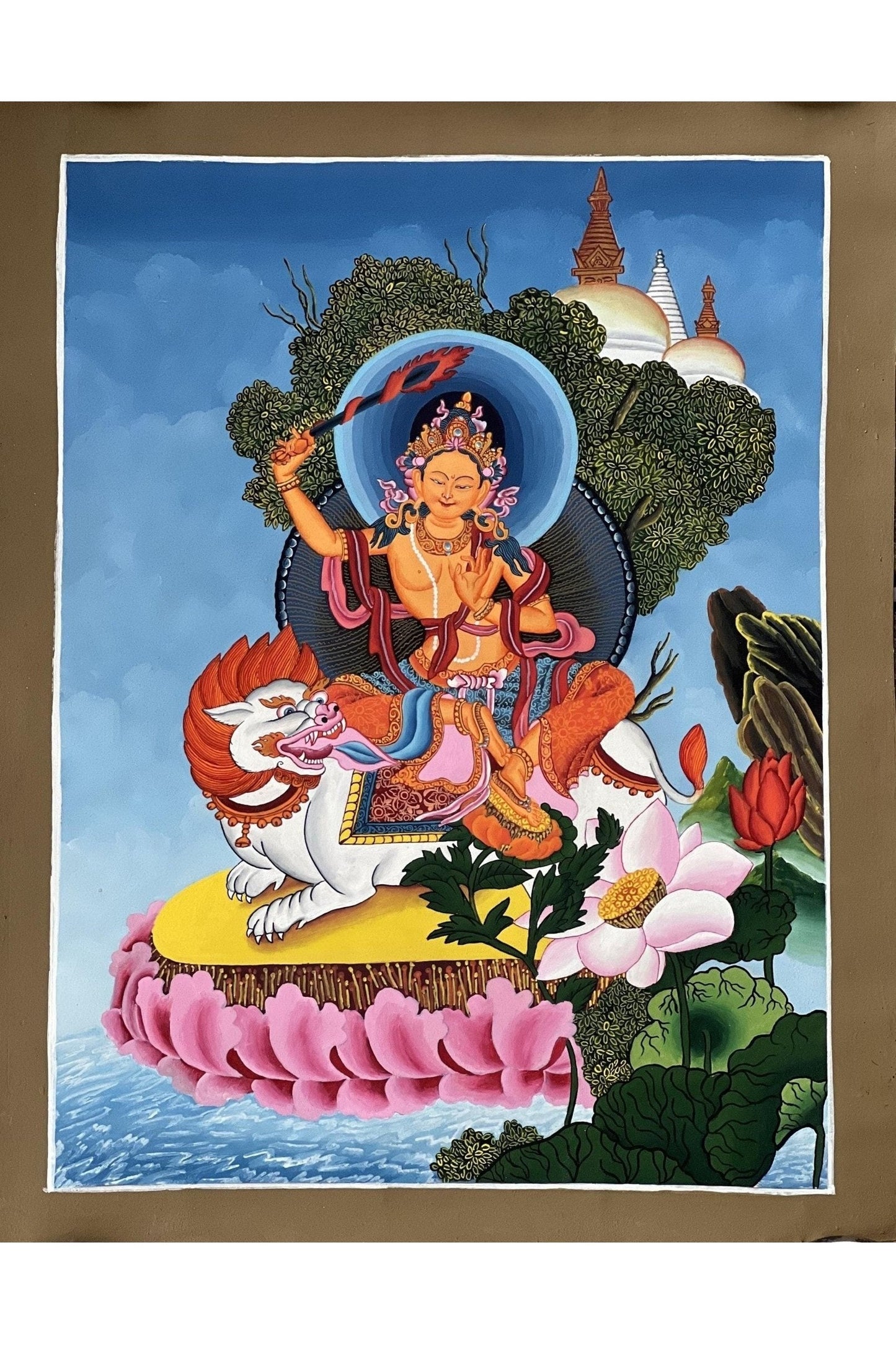 Lion Manjushri/ Manjusri/ Manjushree High - Quality Original Masterpiece Newari Pauva/Paubha Thangka Painting Meditation Art - Tibetan Thangka Art