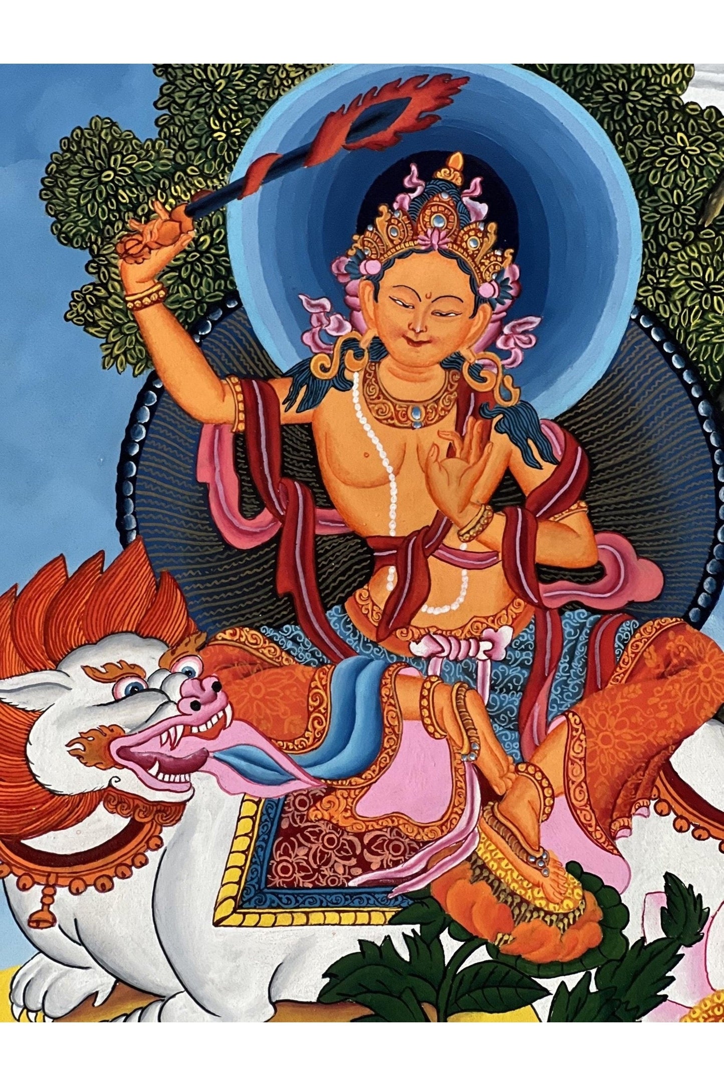 Lion Manjushri/ Manjusri/ Manjushree High - Quality Original Masterpiece Newari Pauva/Paubha Thangka Painting Meditation Art - Tibetan Thangka Art