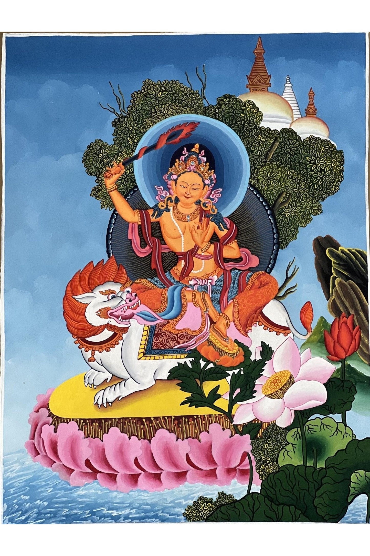 Lion Manjushri/ Manjusri/ Manjushree High - Quality Original Masterpiece Newari Pauva/Paubha Thangka Painting Meditation Art - Tibetan Thangka Art
