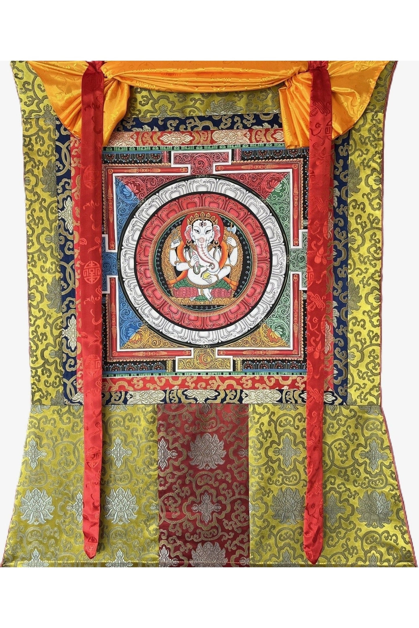 Lord Ganesha, Ganesh, Ganapati, Vinayaka in Sri Yantra, Thangka Painting, Original Art with Silk Brocade - Tibetan Thangka Art