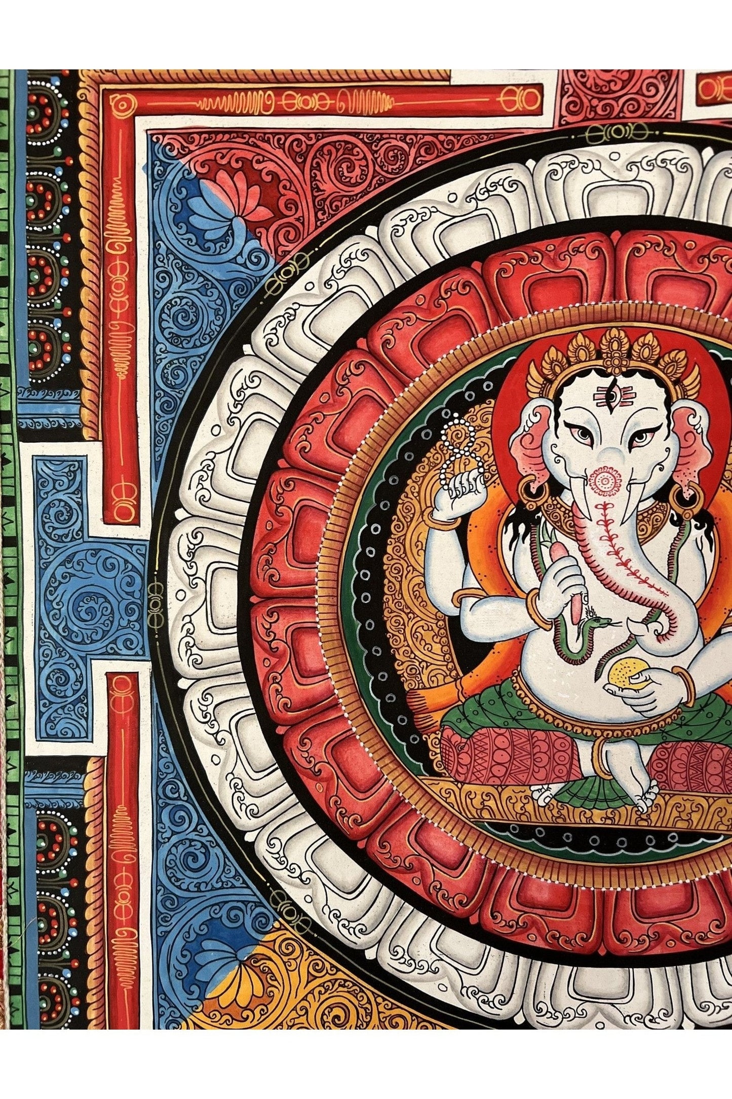 Lord Ganesha, Ganesh, Ganapati, Vinayaka in Sri Yantra, Thangka Painting, Original Art with Silk Brocade - Tibetan Thangka Art