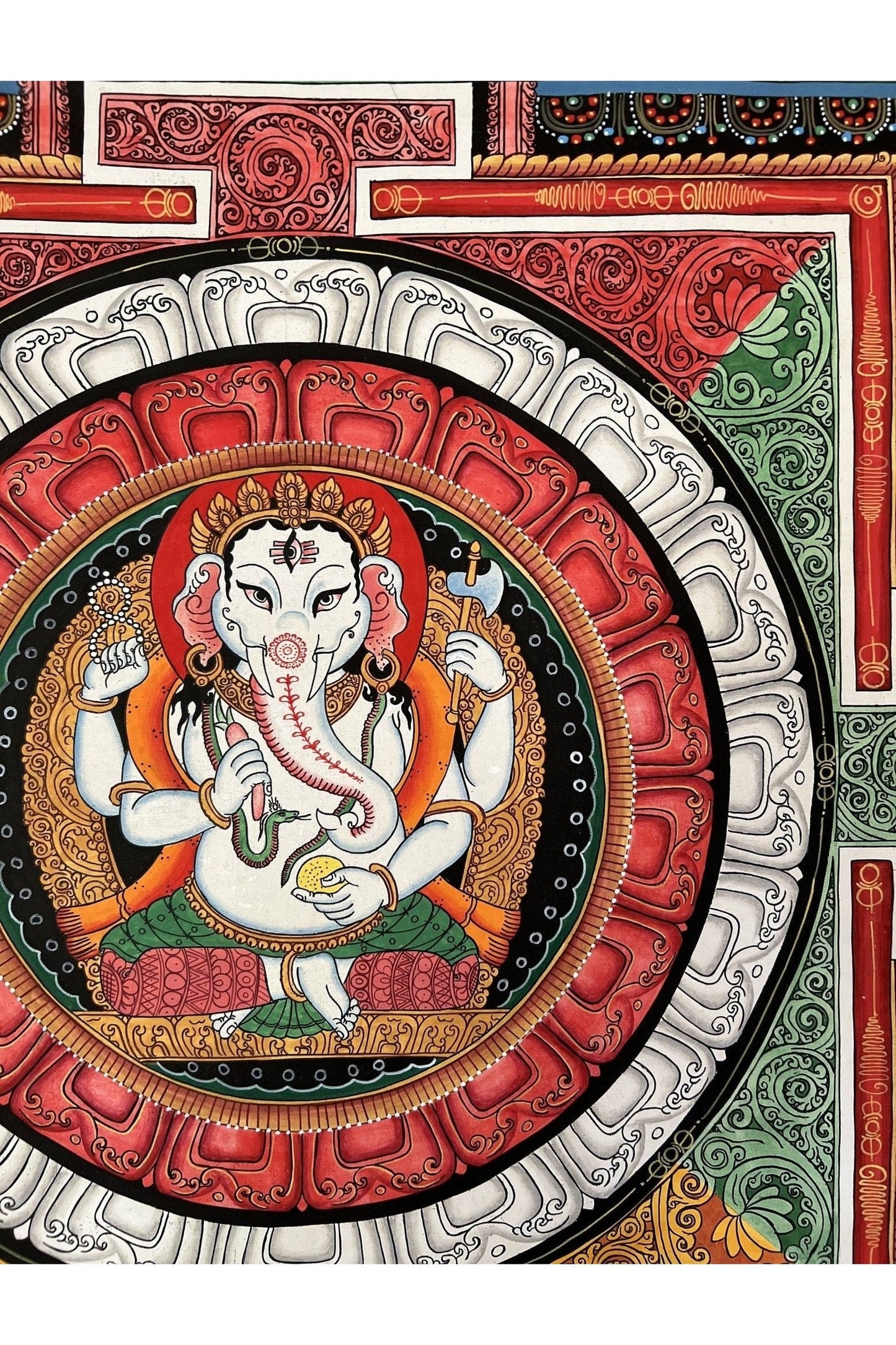 Lord Ganesha, Ganesh, Ganapati, Vinayaka in Sri Yantra, Thangka Painting, Original Art with Silk Brocade - Tibetan Thangka Art