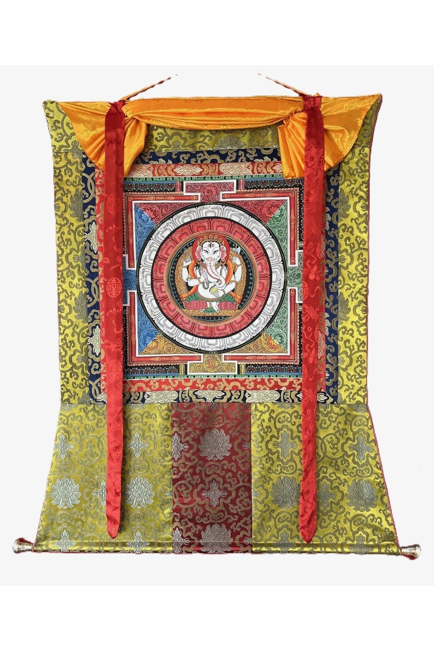Lord Ganesha, Ganesh, Ganapati, Vinayaka in Sri Yantra, Thangka Painting, Original Art with Silk Brocade - Tibetan Thangka Art