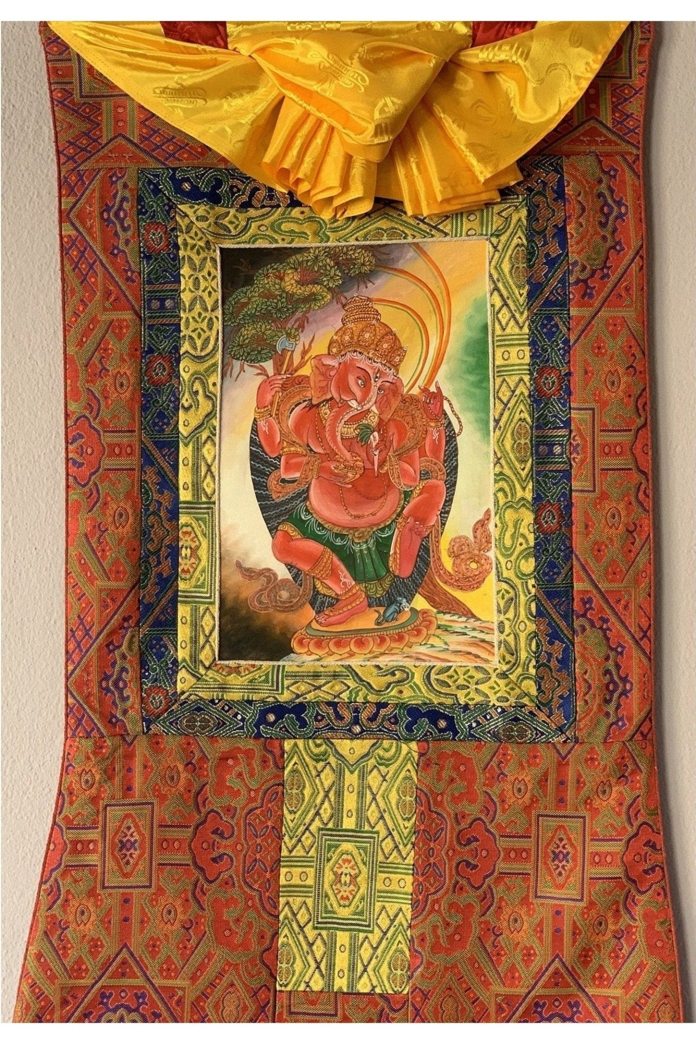 Lord Ganesha Ganesh Ganapati Vinayaka Newari Pauba Thangka Painting Original Art with Premium Silk Brocade - Tibetan Thangka Art