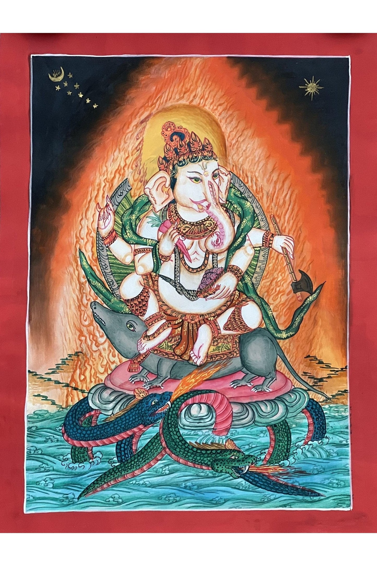 Lord Ganesha Ganesha/ Ganapati/Vinayaka/ Vighnaharta/ Destroyer of Obstacle Newari Paubha Thangka Painting Original Masterpiece Hindu Art - Tibetan Thangka Art