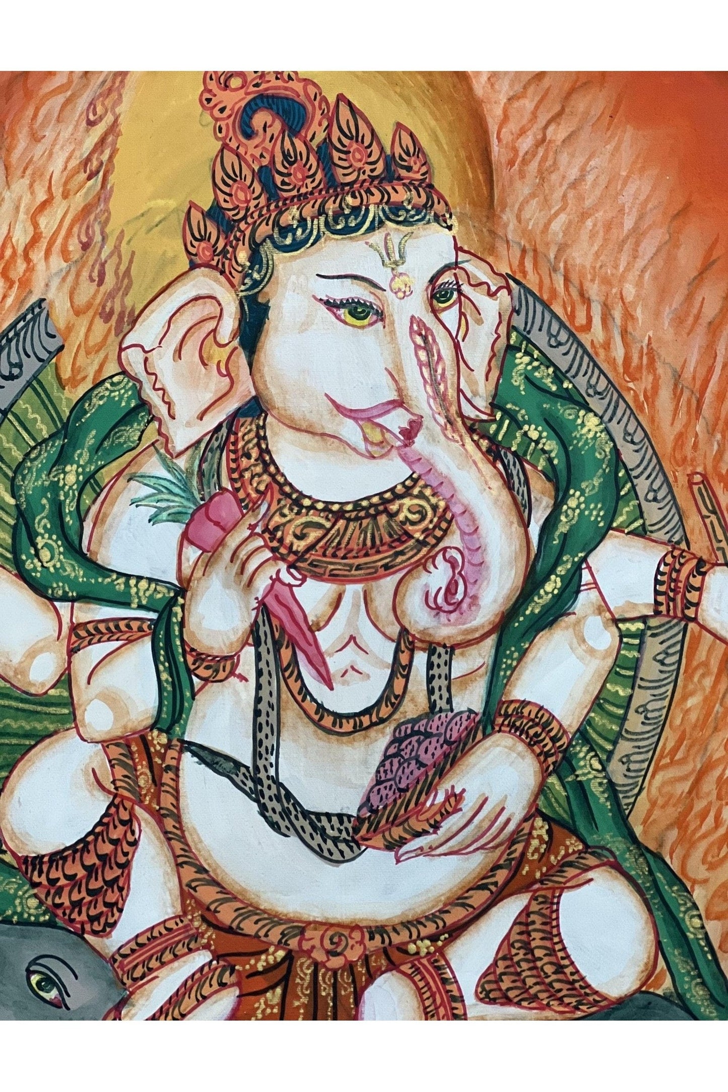 Lord Ganesha Ganesha/ Ganapati/Vinayaka/ Vighnaharta/ Destroyer of Obstacle Newari Paubha Thangka Painting Original Masterpiece Hindu Art - Tibetan Thangka Art