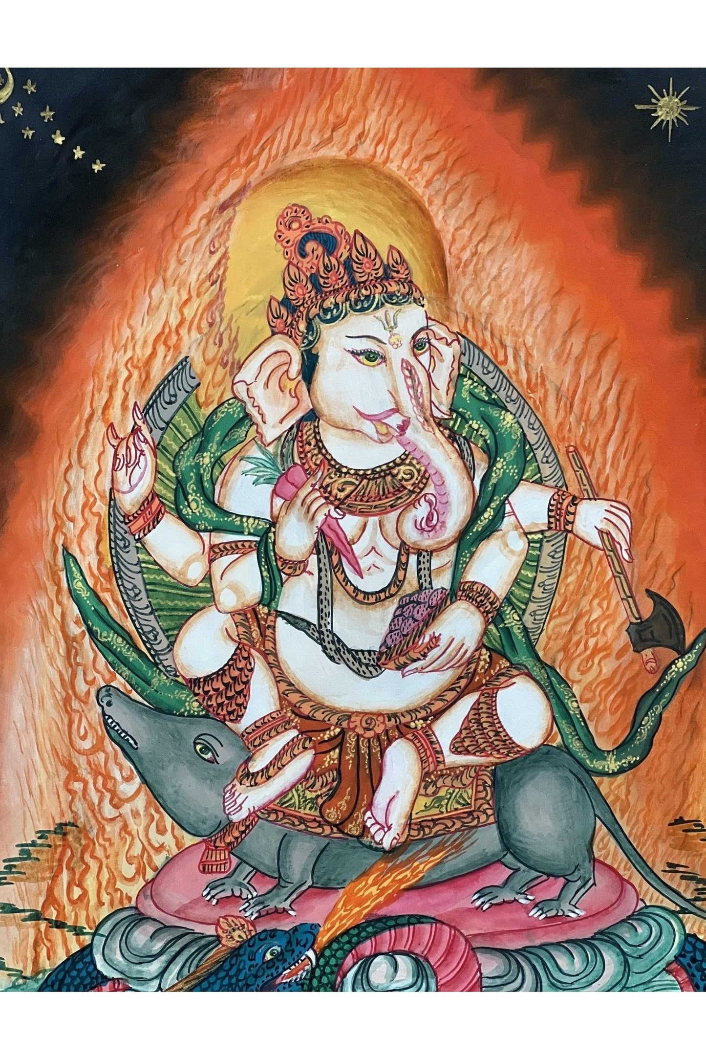 Lord Ganesha Ganesha/ Ganapati/Vinayaka/ Vighnaharta/ Destroyer of Obstacle Newari Paubha Thangka Painting Original Masterpiece Hindu Art - Tibetan Thangka Art