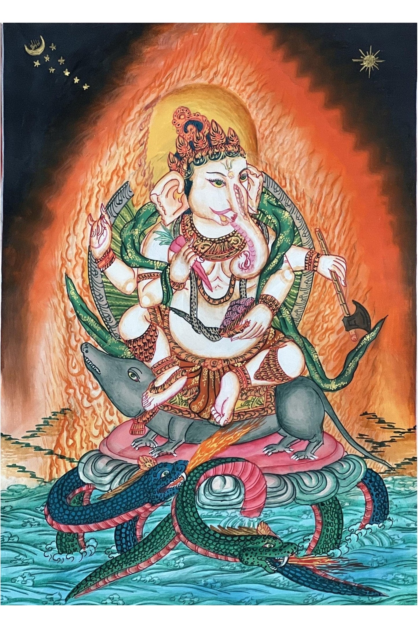 Lord Ganesha Ganesha/ Ganapati/Vinayaka/ Vighnaharta/ Destroyer of Obstacle Newari Paubha Thangka Painting Original Masterpiece Hindu Art - Tibetan Thangka Art