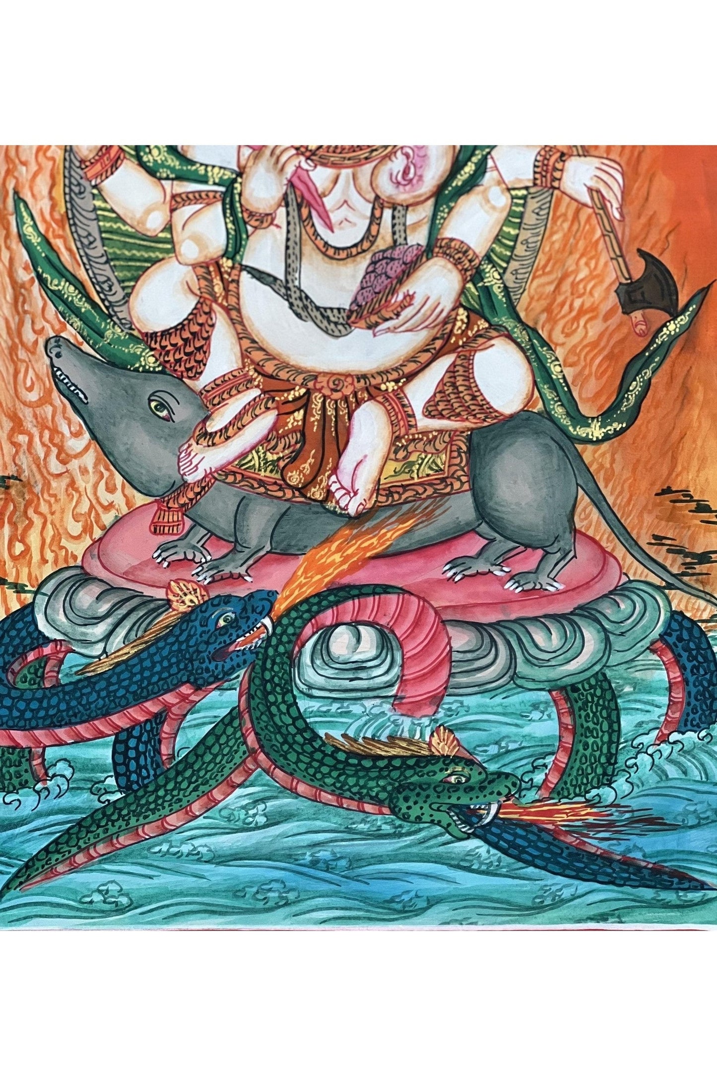 Lord Ganesha Ganesha/ Ganapati/Vinayaka/ Vighnaharta/ Destroyer of Obstacle Newari Paubha Thangka Painting Original Masterpiece Hindu Art - Tibetan Thangka Art