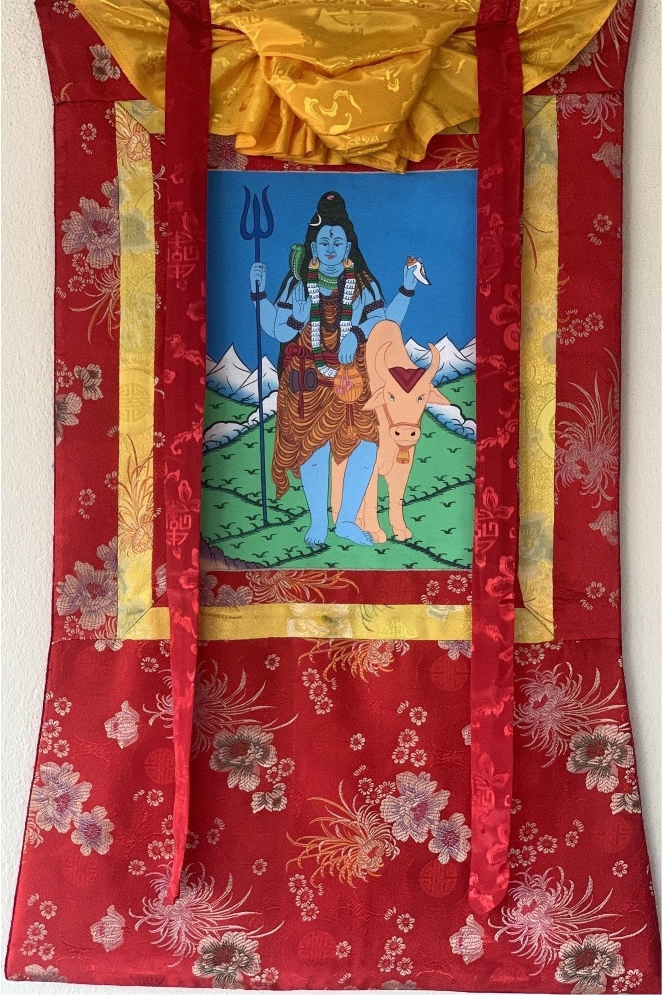 Lord Shiva, Mahadeva, Mahesh, Shankar, Thangka Painting, Original Art with Silk Brocade ( Frame) - Tibetan Thangka Art