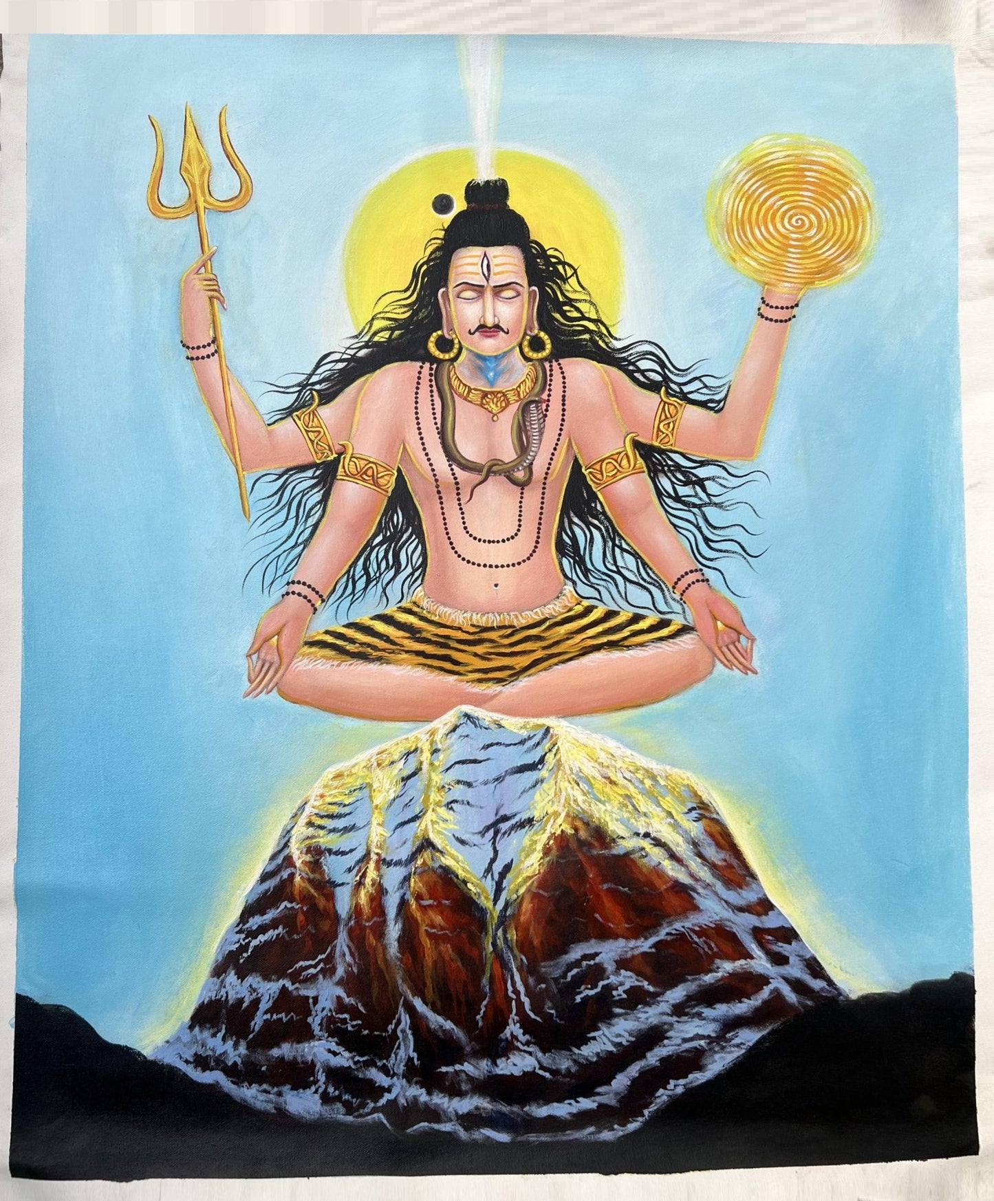 Lord Shiva | Mahadeva Meditating on Kailash | Acrylic Painting on Canvas | Divine Serenity Large Masterpiece Acrylic Palette Knife Painting - Tibetan Thangka Art