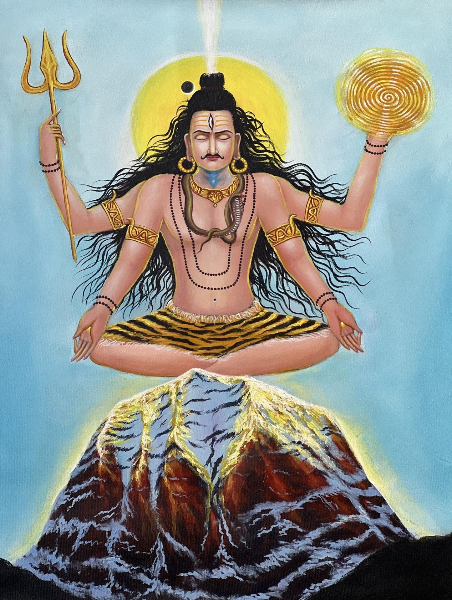 Lord Shiva | Mahadeva Meditating on Kailash | Acrylic Painting on Canvas | Divine Serenity Large Masterpiece Acrylic Palette Knife Painting - Tibetan Thangka Art