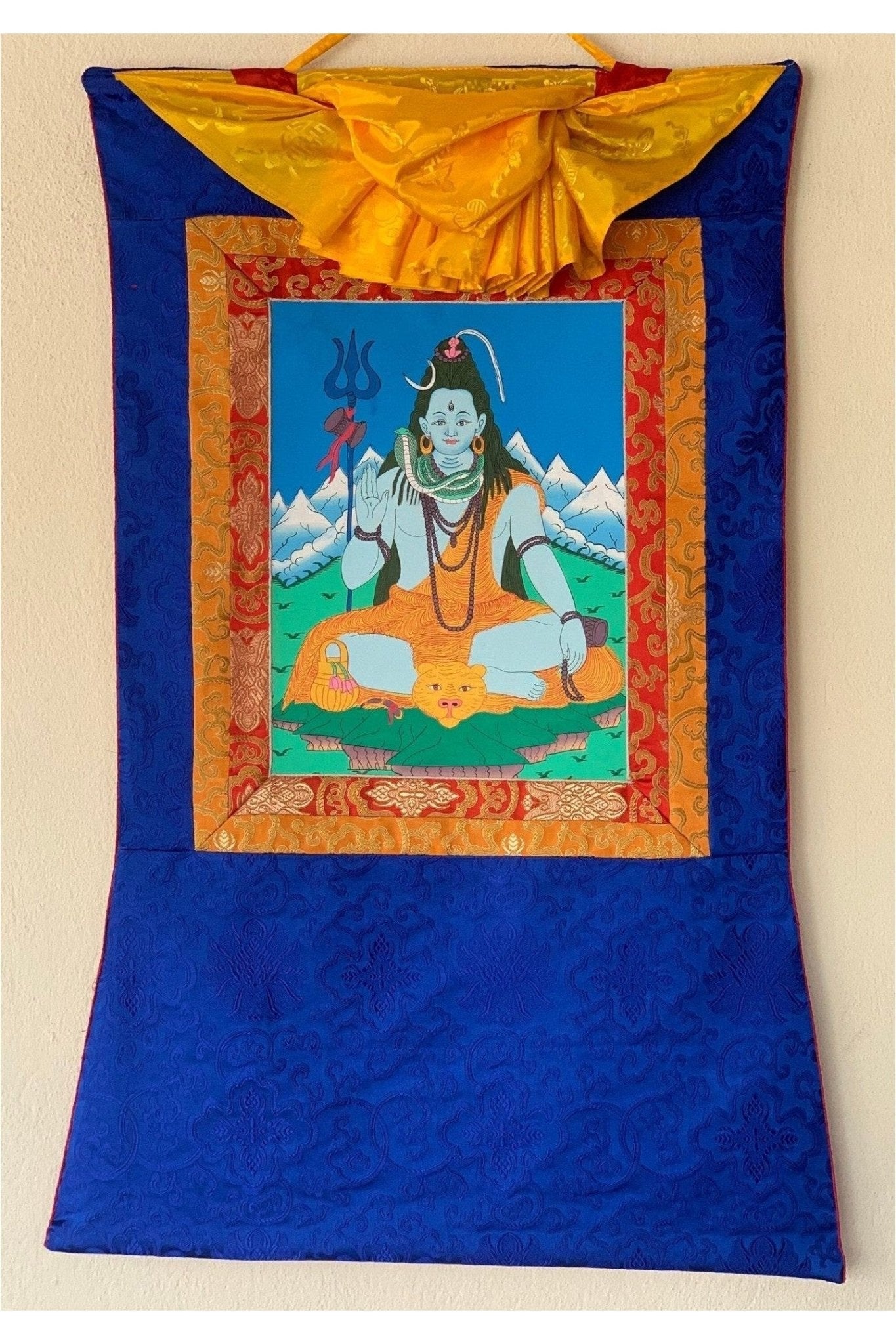 Lord Shiva, Mahadeva, Shankar, Thangka Painting, Original Art with Silk Brocade ( Frame) - Tibetan Thangka Art