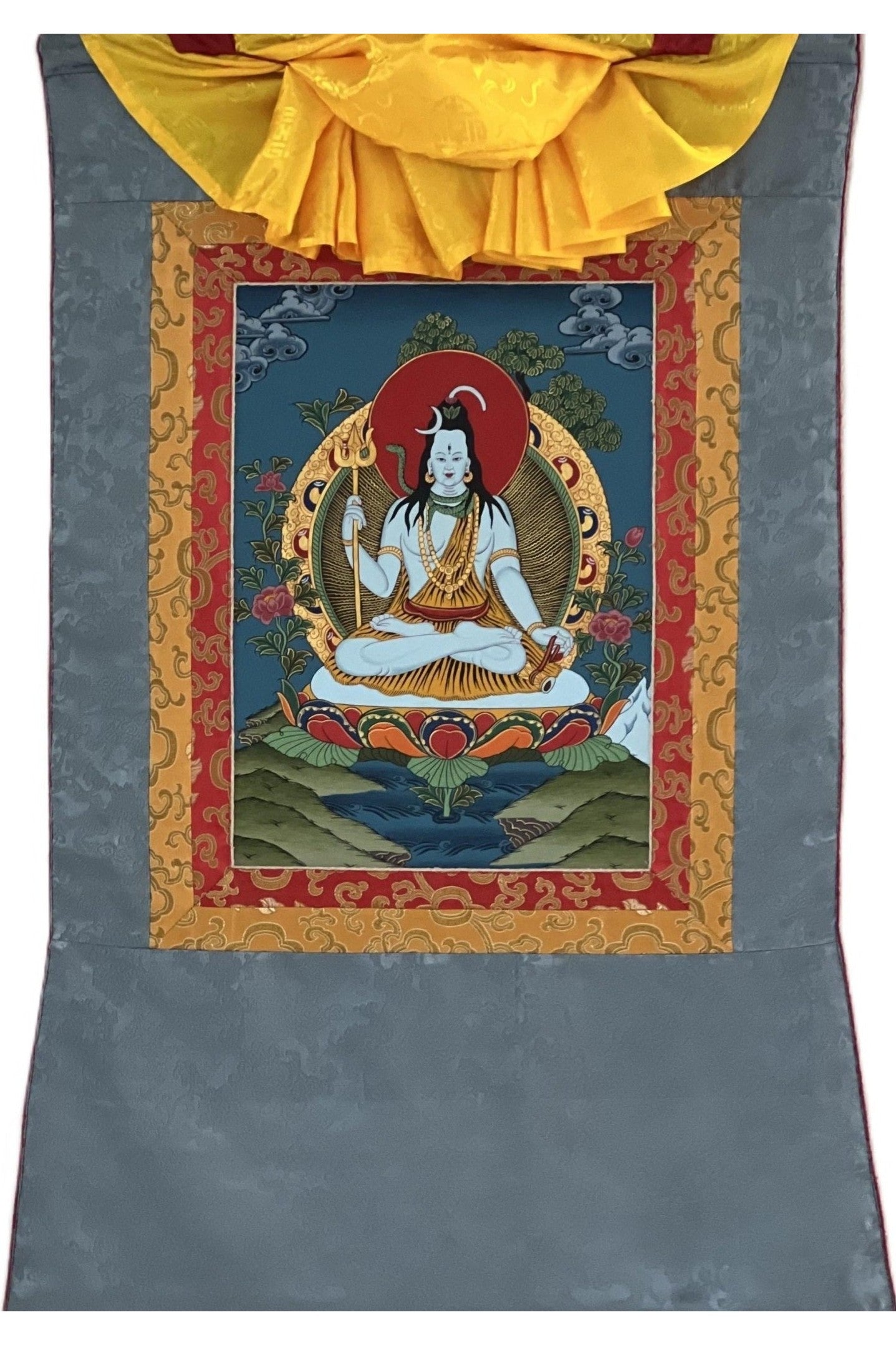 Lord Shiva Mahadeva Shankar Thangka Painting/ Original Masterpiece Art Framed with Silk Brocade - Tibetan Thangka Art